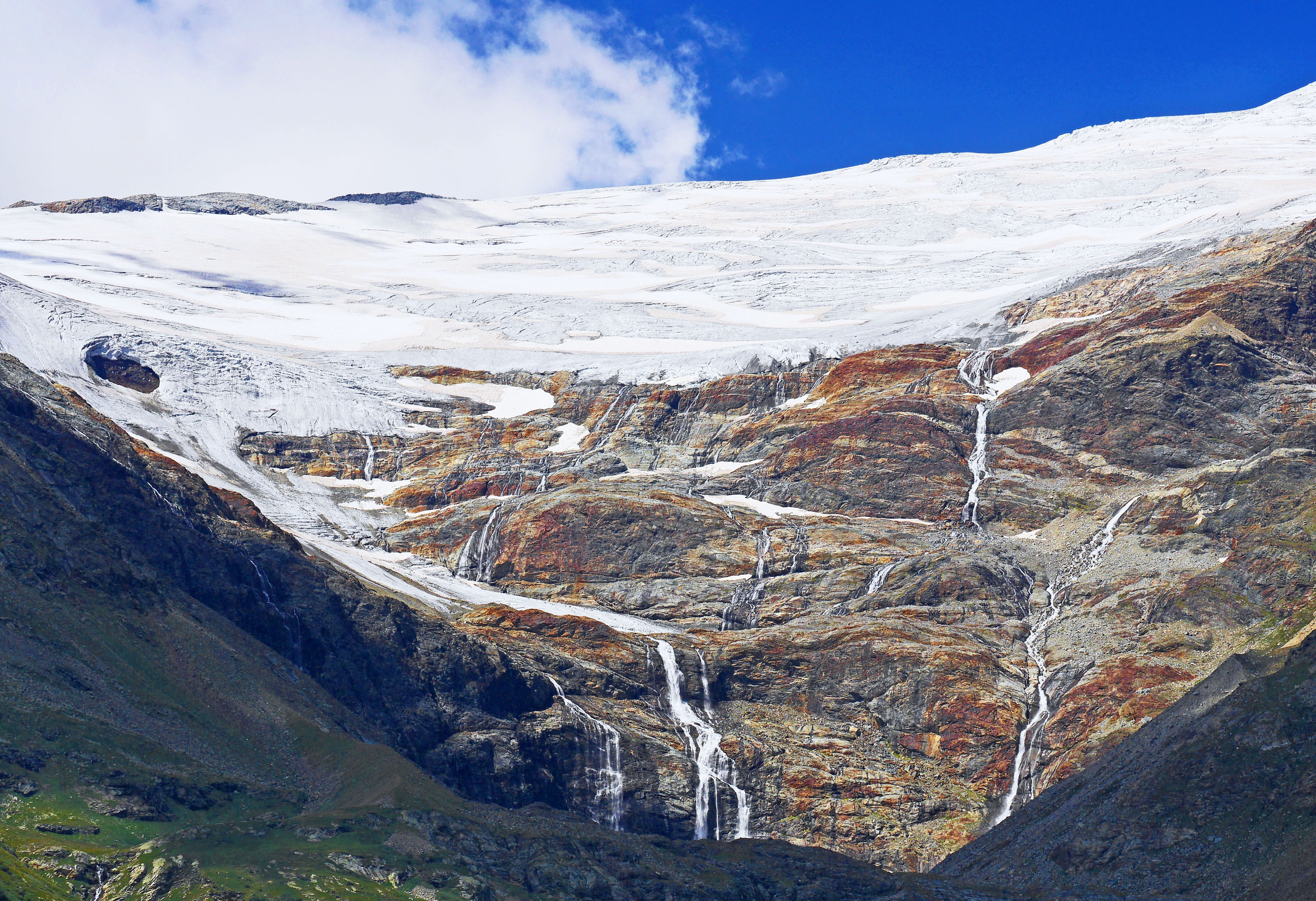 alp grüm, tranquil scene, tranquility, 4K, mountain range, piz palu, graubünden, palü glacier, glacier, rock, bernina, snow, scenics - nature, waterfall, HD Wallpaper