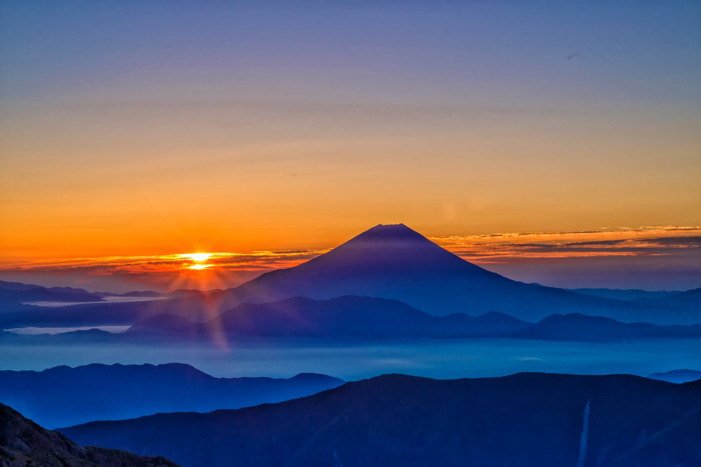 morning haze, sunset, tranquil scene, mountain peak, non-urban scene, mt fuji, sky, japan, idyllic, outdoors, orange color, mountain, scenics, environment, HD Wallpaper
