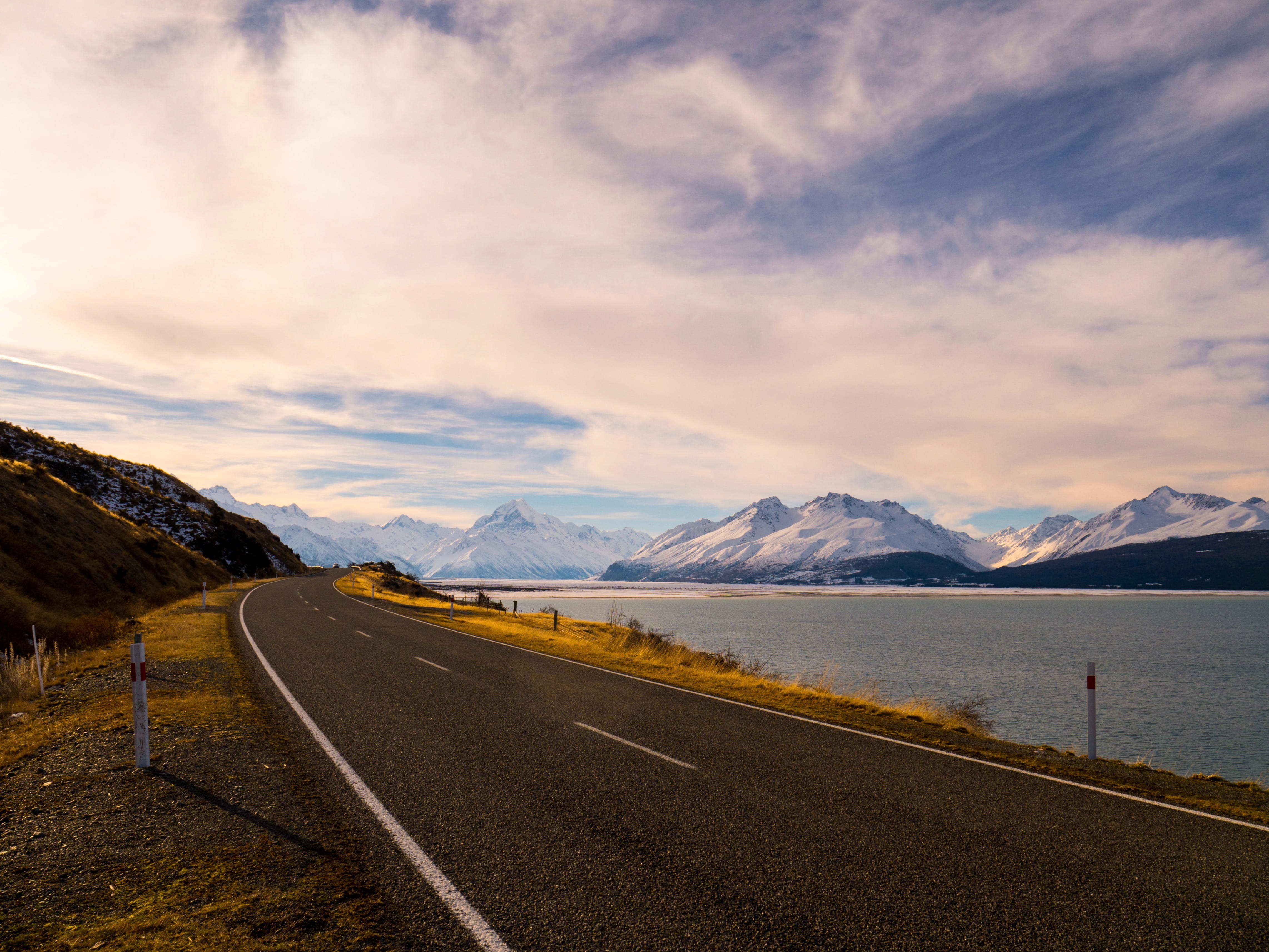 mt cook, clouds, the way forward, mountain roads, water, no people, road marking, landscape photography, fresh water, transportation, environment, snow, HD Wallpaper