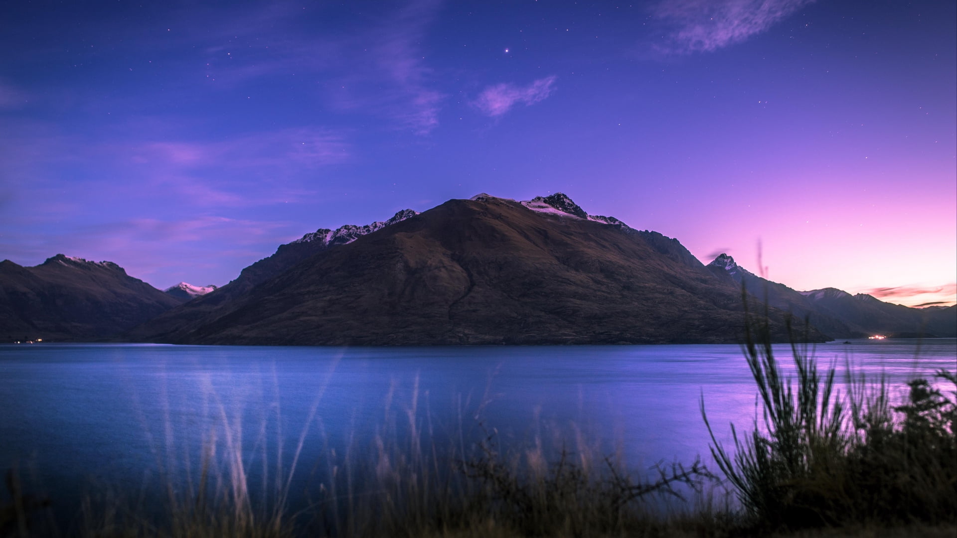 mountains, dark, purple, tranquil Scene, tranquility, outdoors, famous Place, blue, forest, no People, space, landscape, water, astronomy, snow, sunset, HD Wallpaper