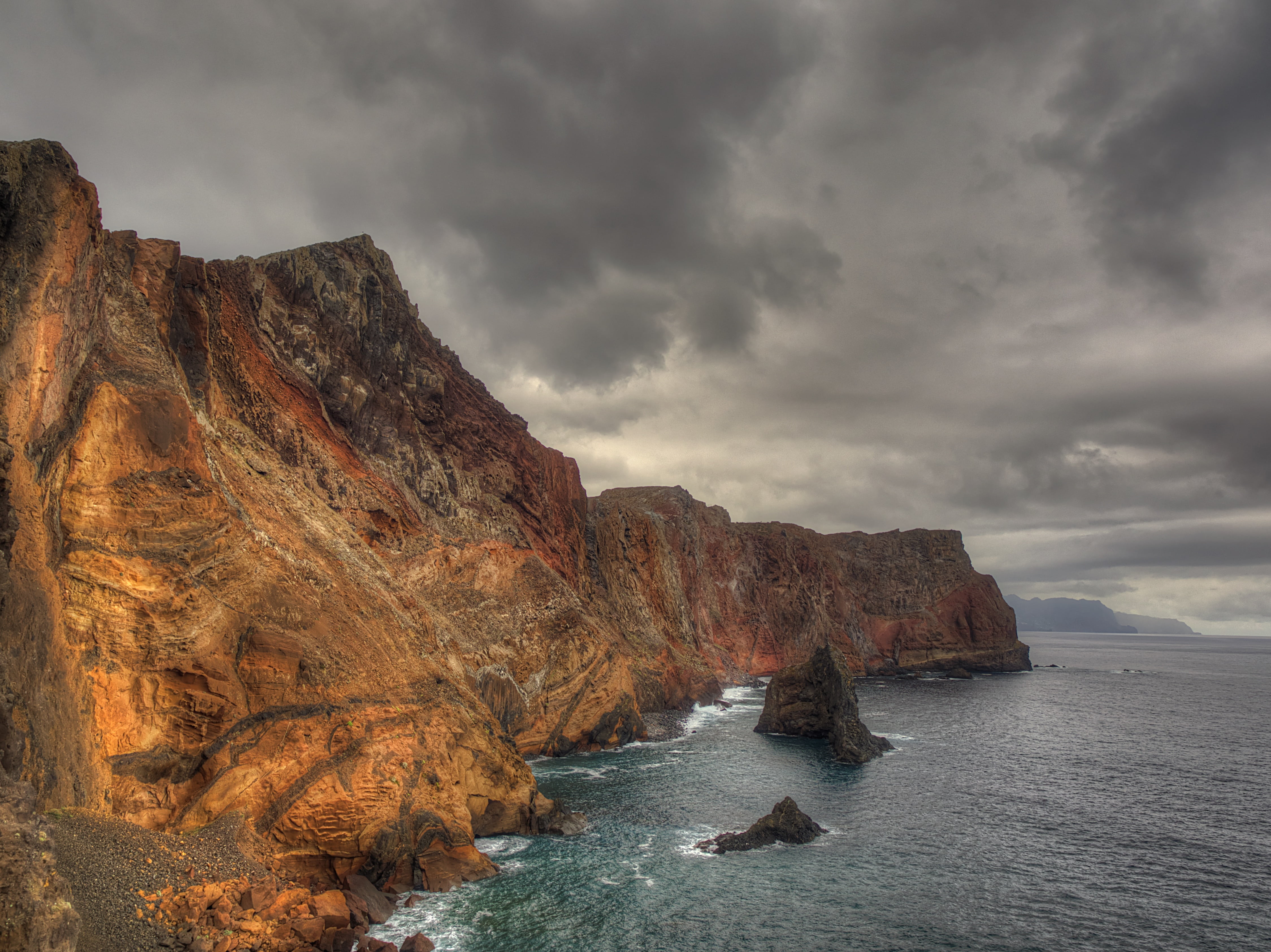 land, solid, rock formation, beauty in nature, eroded, high, sky, rocky coastline, clouds, atlantic Ocean, brown, rock, ponta de são lourênço, water, formation, HD Wallpaper