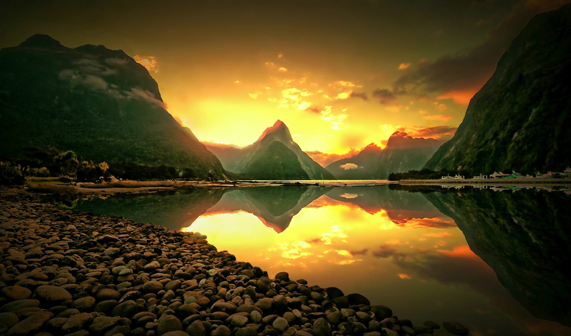rocks, illustration, sunset, 1080P, river, no people, body, New Zealand, tranquil scene, nature, scenics - nature, reflection, solid, mountain range, rock - object, HD Wallpaper