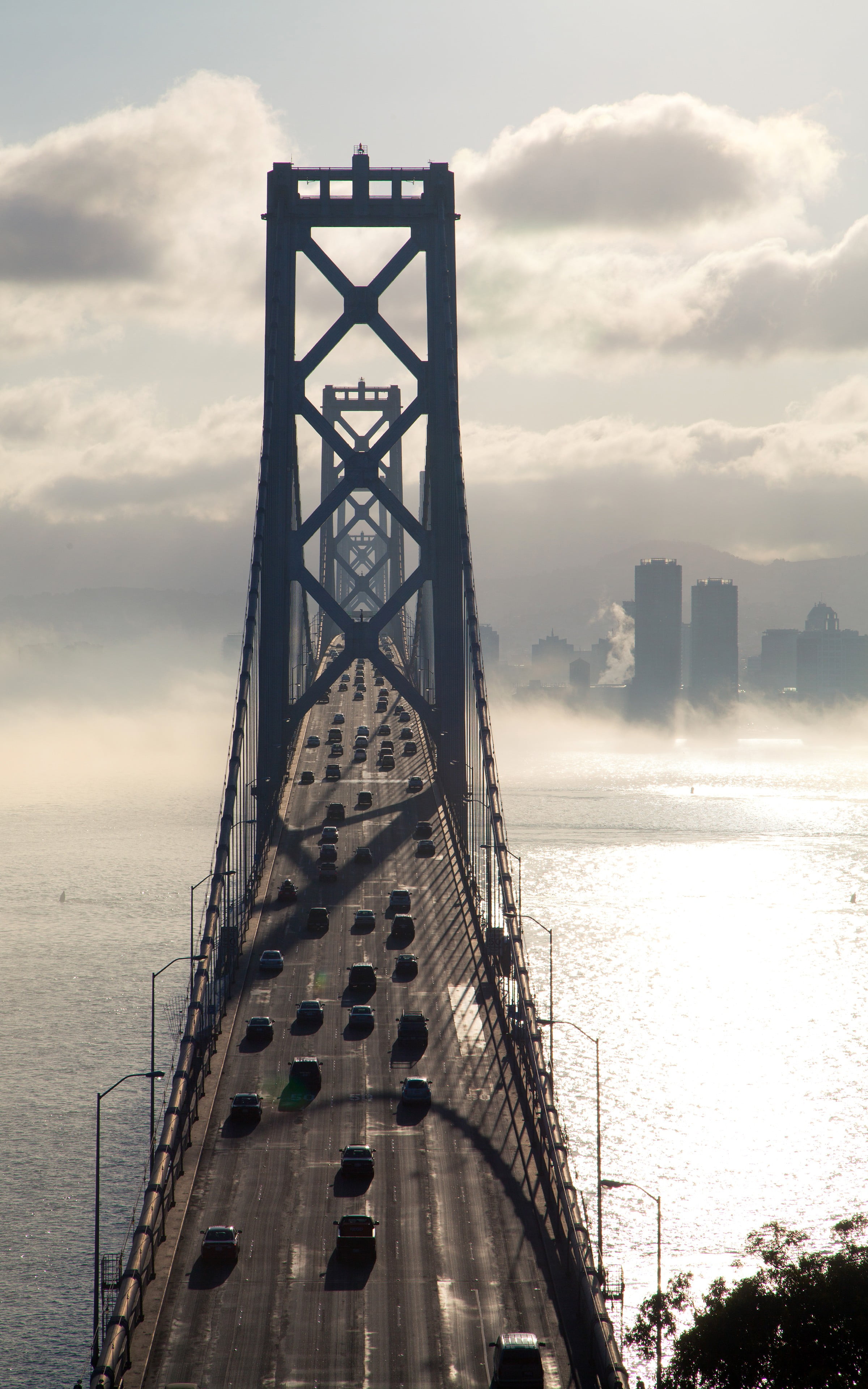 travel destinations, portrait display, USA, traffic, city, Bay Bridge, fog, transportation, cityscape, architecture, no people, bay, nature, outdoors, travel, Phone HD Wallpaper