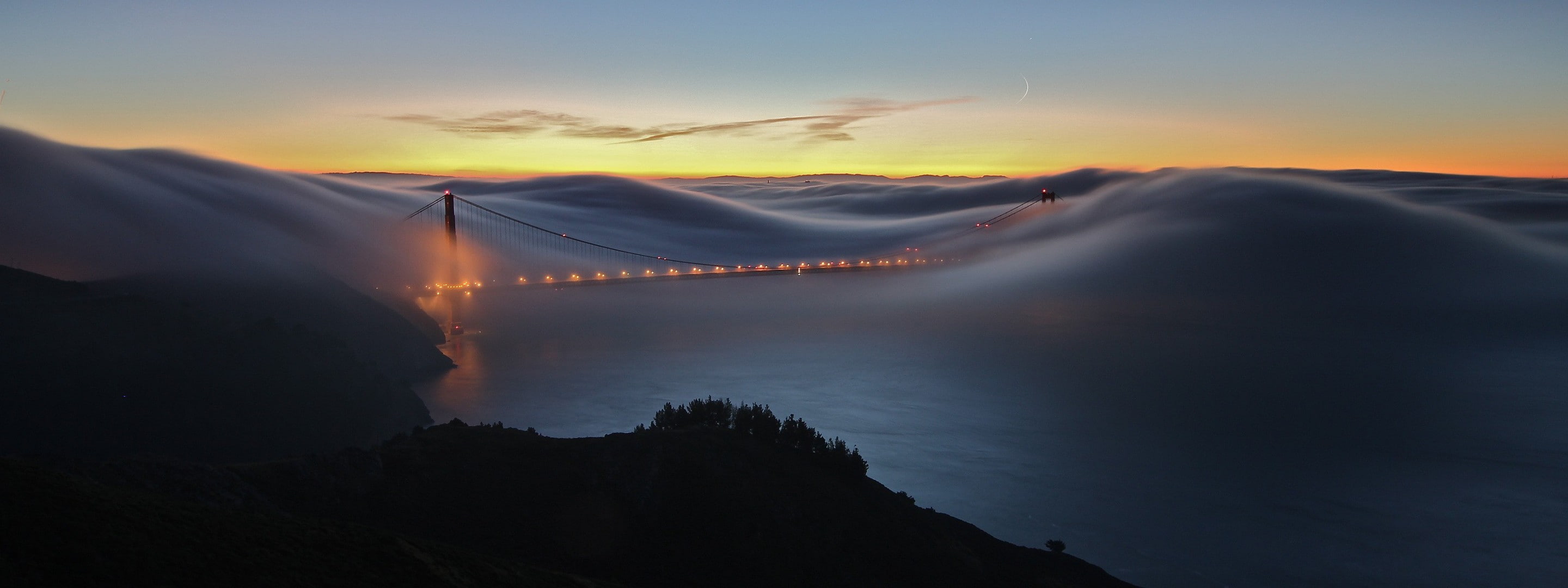clouds, dramatic sky, silhouette, Golden Gate Bridge, outdoors, sky, sea, landscape, beauty in nature, no people, environment, dusk, travel destinations, HD Wallpaper