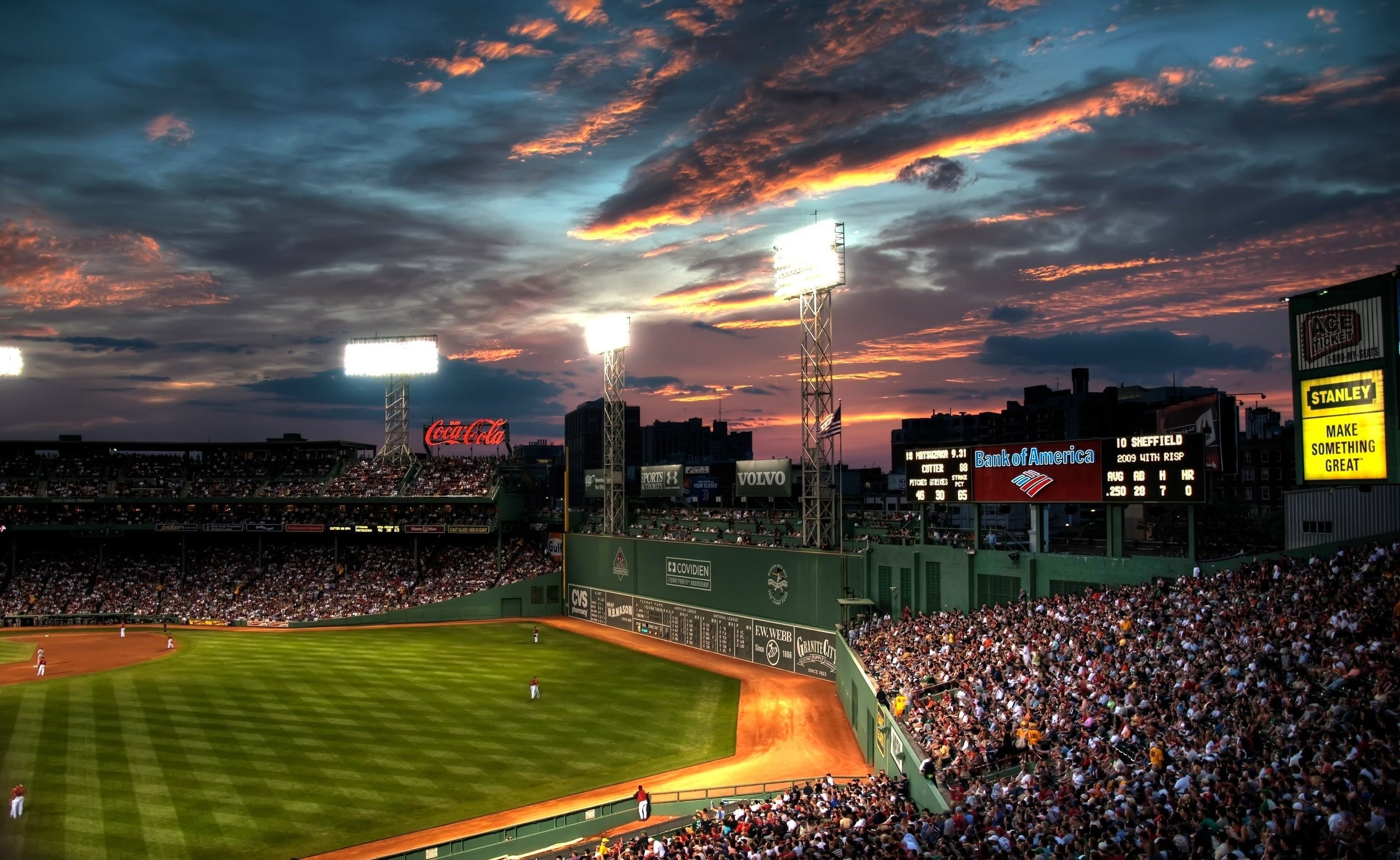 high angle view, spectator, illuminated, built structure, team sport, stadium, Massachusetts, cloud - sky, soccer field, fenway, architecture, nature, playing field, HD Wallpaper