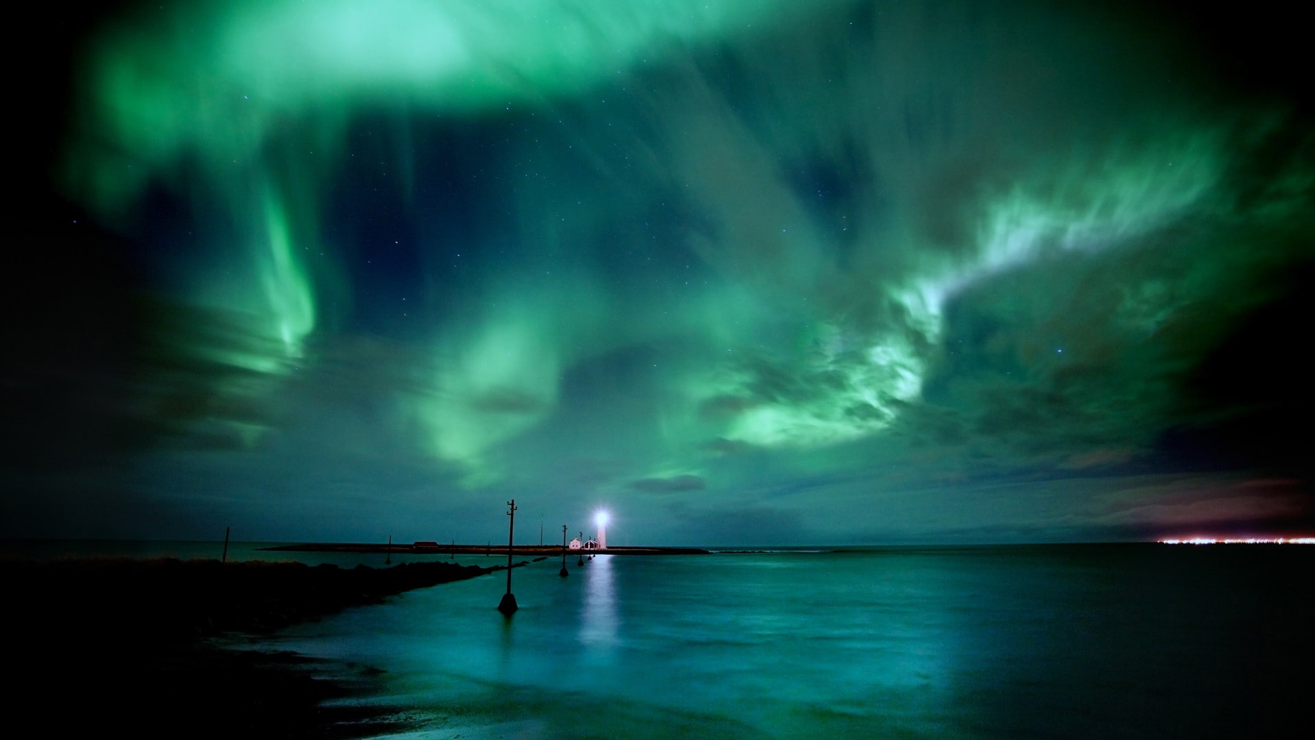 1080P, sky, aurorae, nature, lighthouse, HD Wallpaper