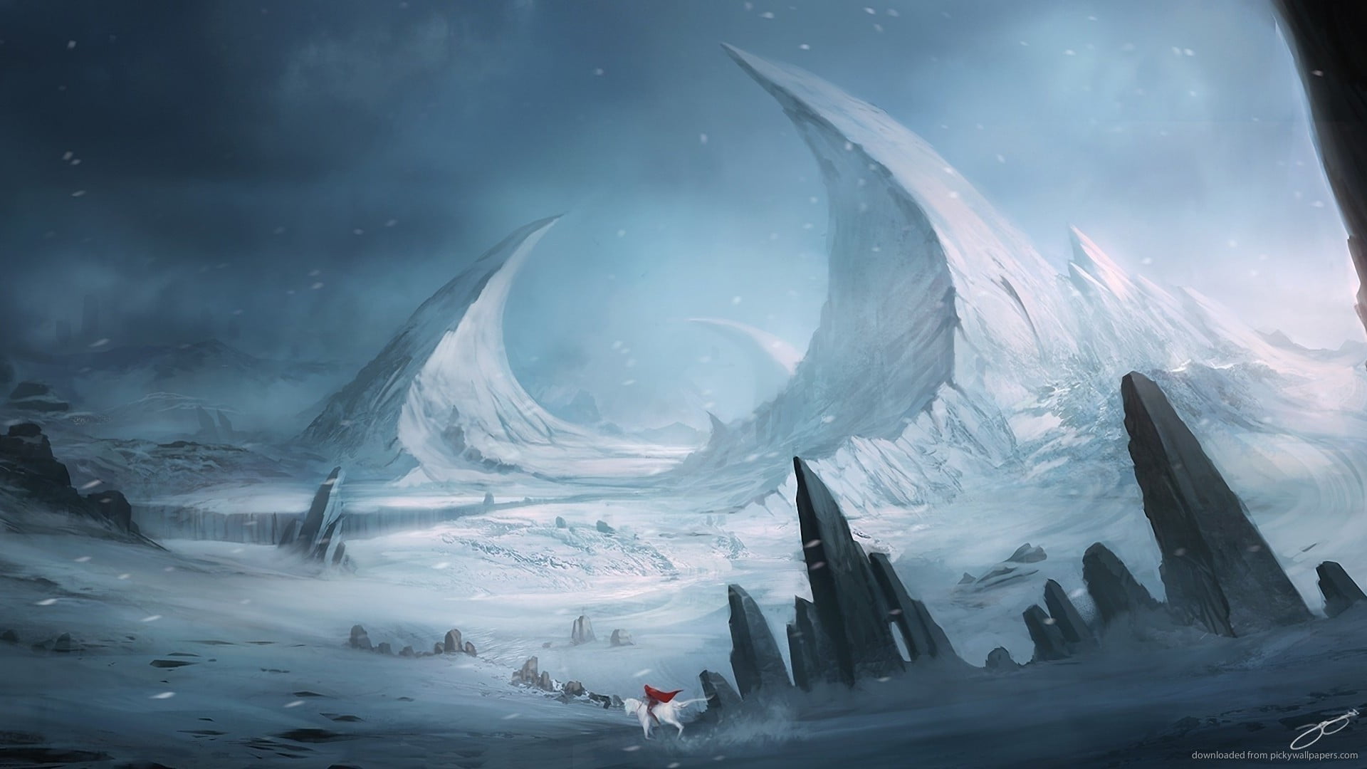 environment, ice, tranquil scene, tranquility, digital, art, snow, no people, covered, horse, men, fantasy art, mountain, 1080P, day, cold temperature, HD Wallpaper