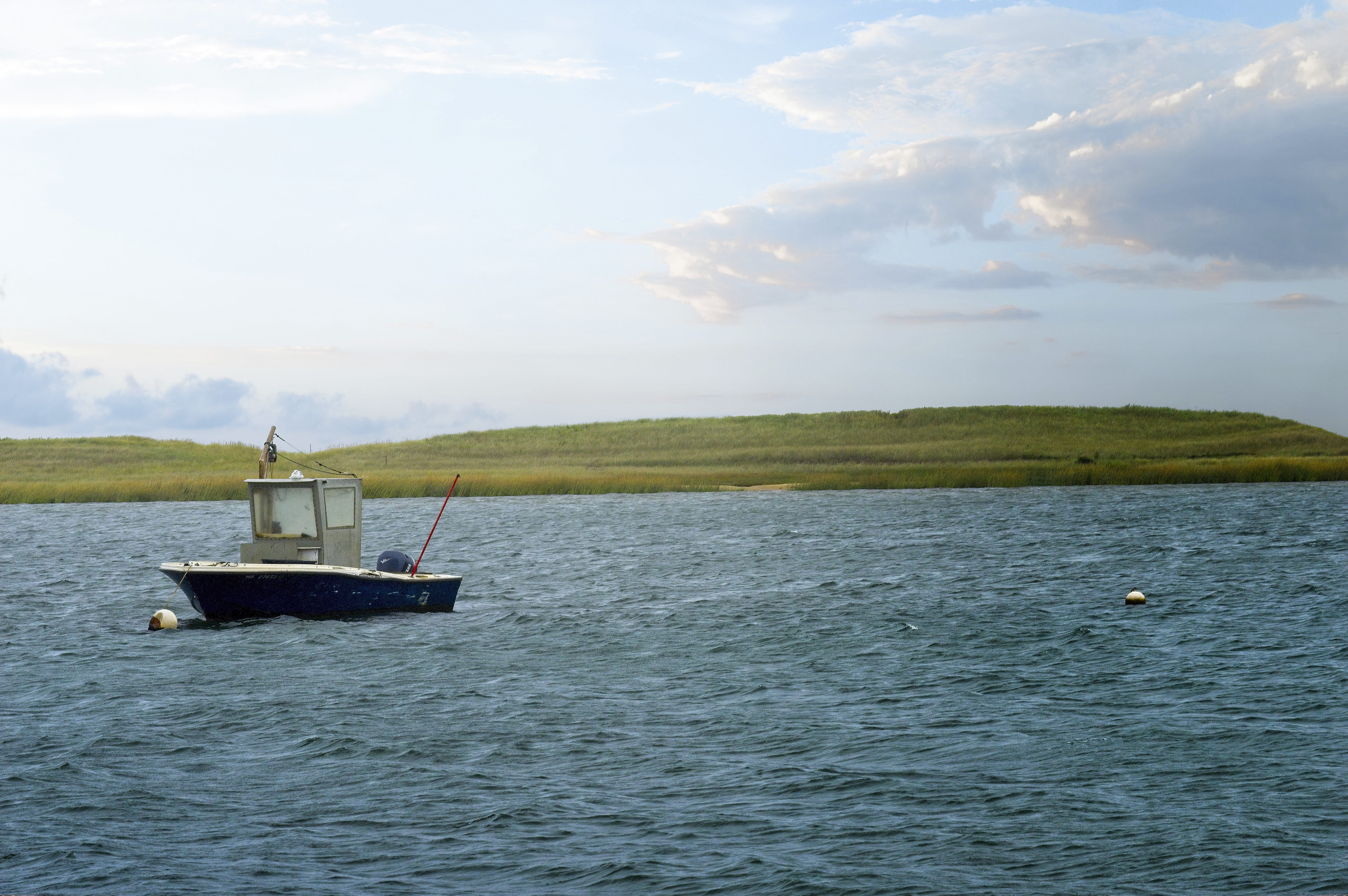 bay, anchored, water, non-urban scene, fishing boat, sky, day, marthas vineyard, scenery, nautical vessel, katama bay, ocean, massachusetts, cloud - sky, HD Wallpaper