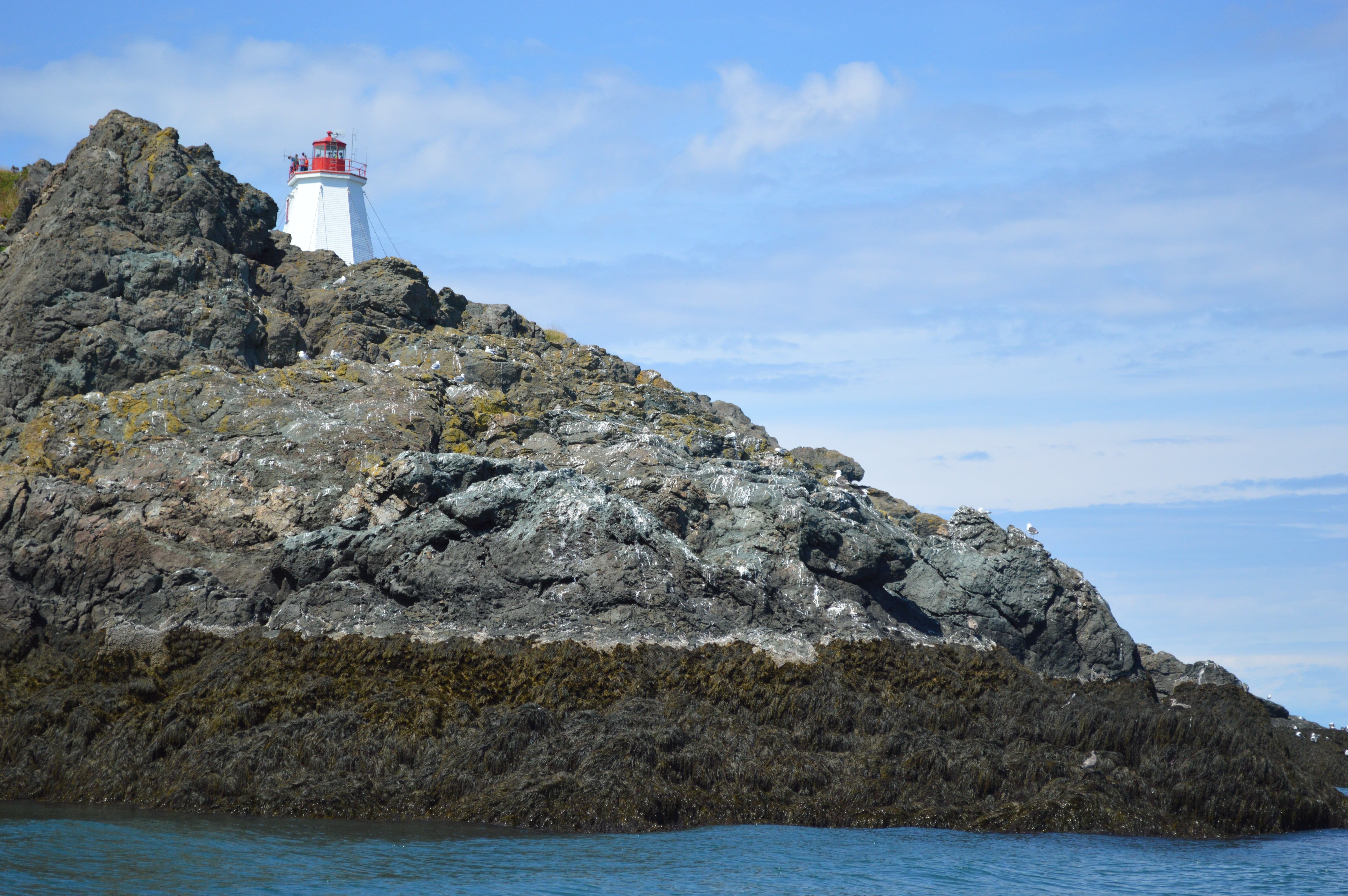 safety, outdoors, rock, beauty in nature, day, nature, coast, rock - object, Canada, guidance, white, tower, cloud - sky, sea, scenics - nature, red, water, HD Wallpaper
