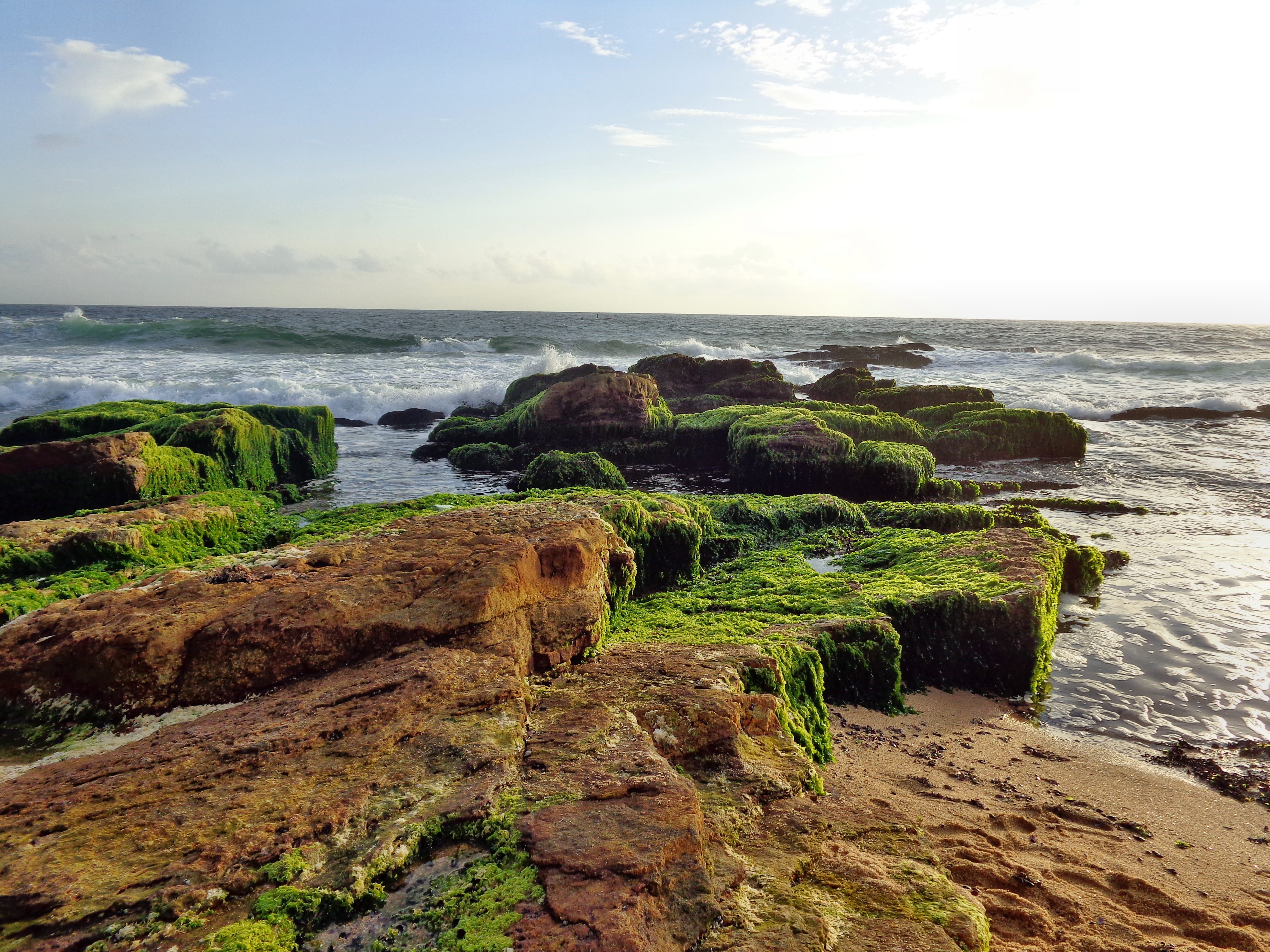 sunrise, rock formation, Texture, horizon over water, landscape, sunlight, coastline, outdoor, cloud - sky, travel, cliff, rocky coastline, horizon, coast, HD Wallpaper