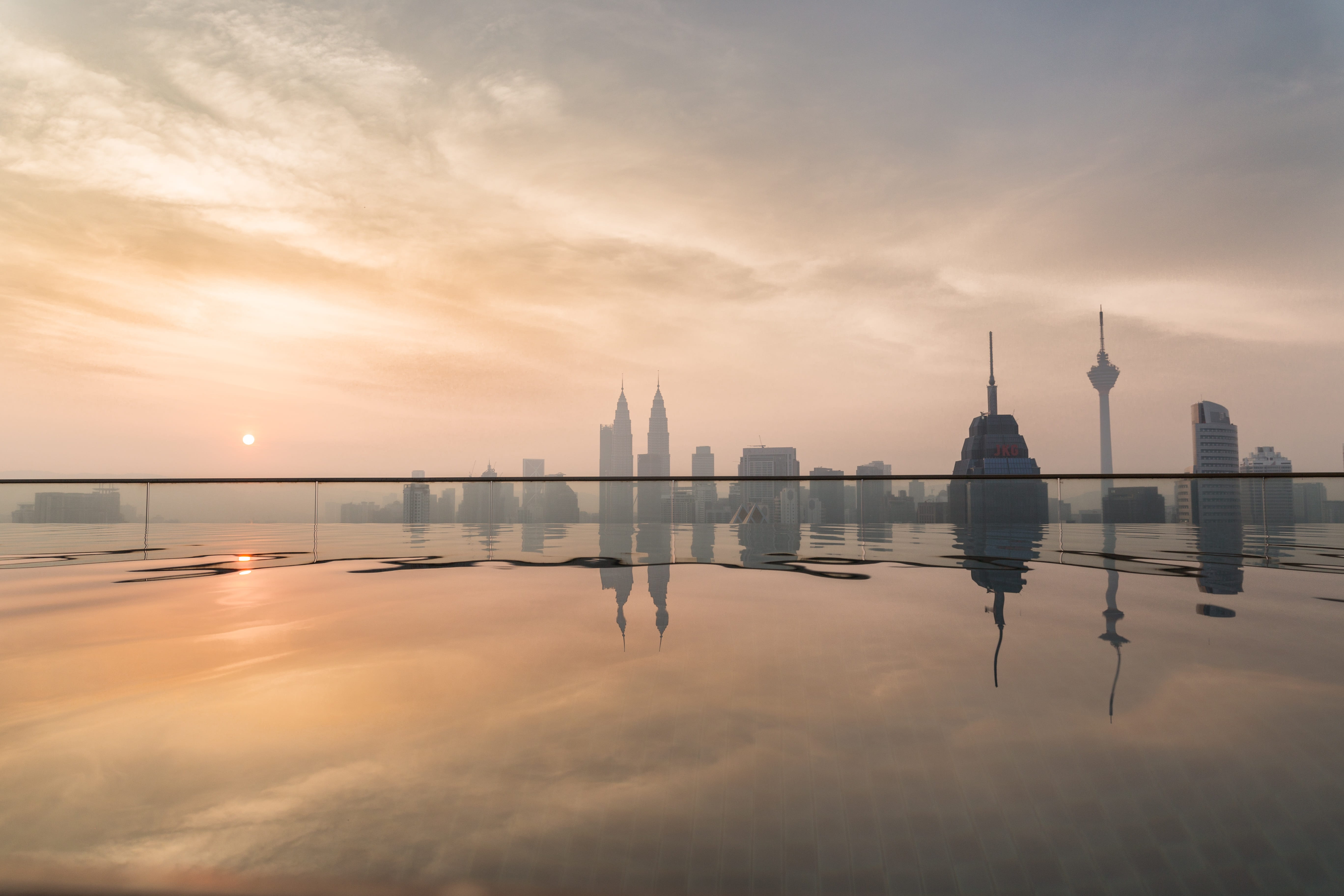 waterfront, city, coastline, dusk, beauty in nature, surface, sunset, landscape, colorful, malaysia, panoramic, pool, coast, seashore, cloud, ocean, hotel, HD Wallpaper