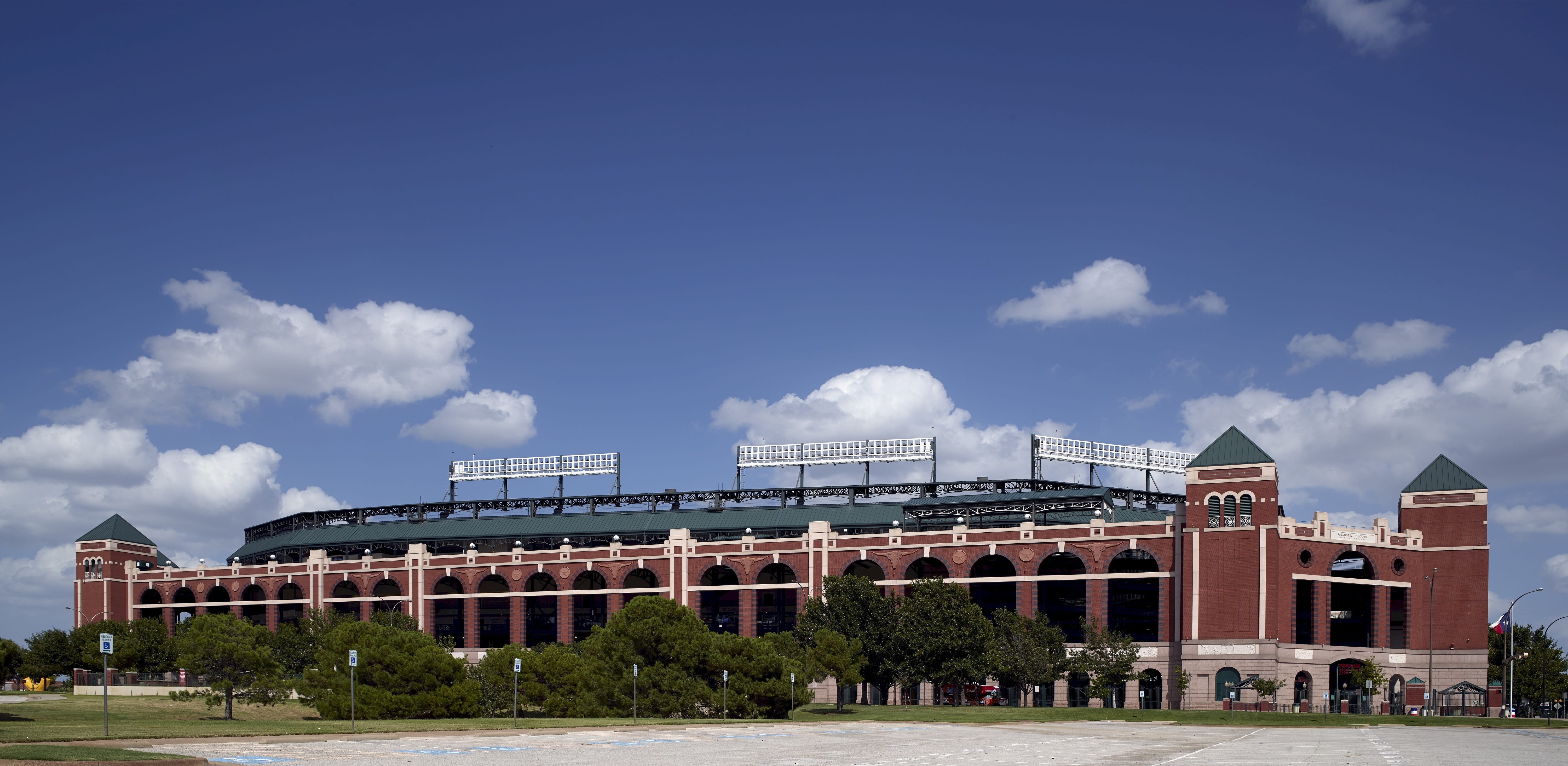 plant, building exterior, texas, ballfield, usa, entertainment, city, outdoors, blue, cloud - sky, government, industry, stadium, baseball, sky, panorama, HD Wallpaper