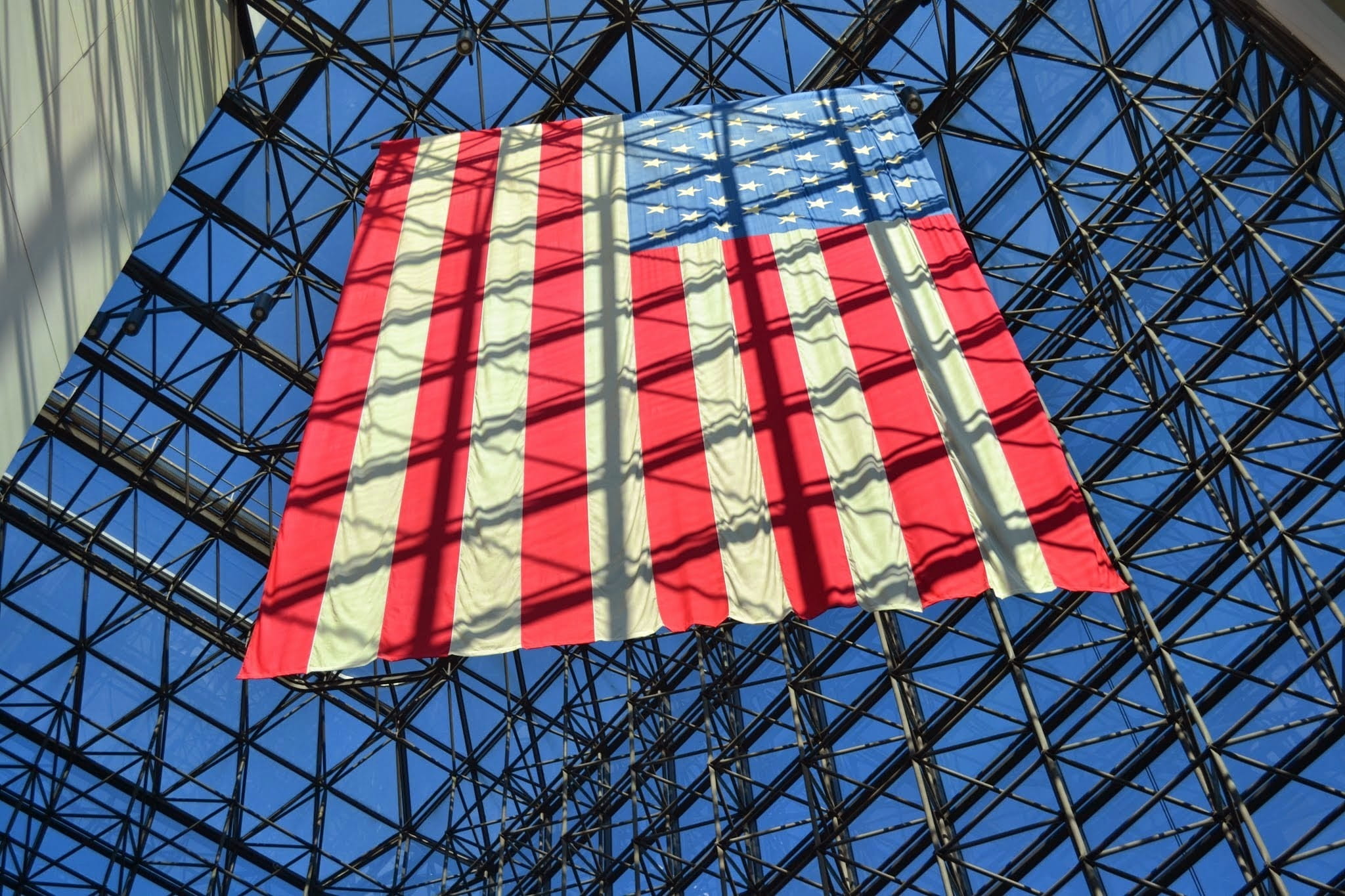 building, sky, 1080P, blue, Jfk Library, modern, president, clear sky, stripes, massachusetts, metal, nature, boston, red, building exterior, Museum, low angle view, HD Wallpaper