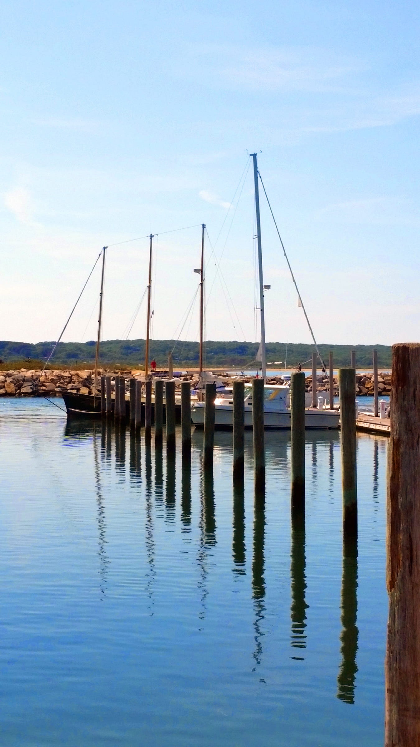architecture, wood - material, pole, tranquility, post, 1080P, beauty in nature, water, Menemsha, harbor, nature, day, summer, massachusetts, sky, scenics - nature, Phone HD Wallpaper