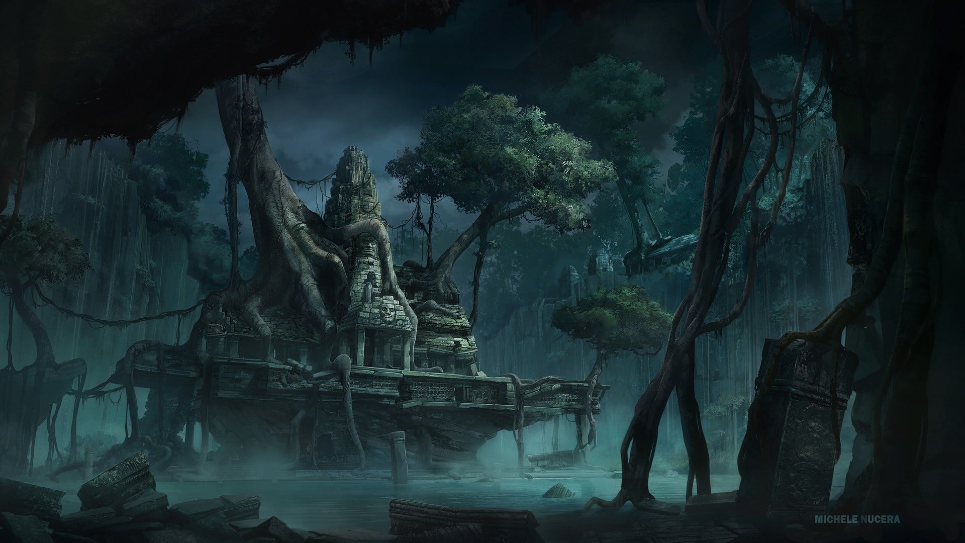 day, temple, spirituality, religion, Michele Nucera, tree, creativity, human representation, the past, fantasy art, male likeness, history, 1080P, place of worship, HD Wallpaper