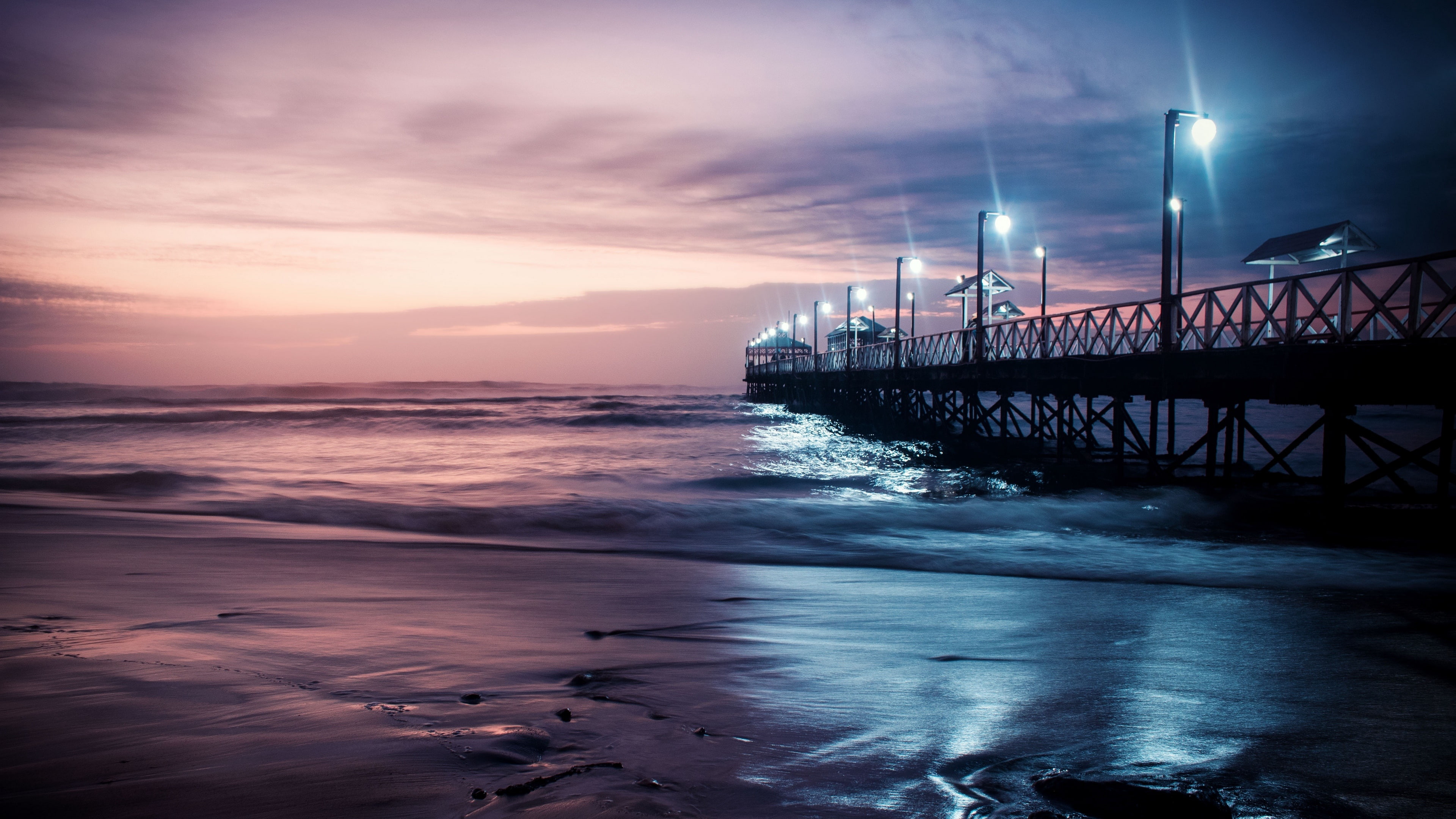 trujillo, beach, muelle de huanchaco, horizon, sunset, ocean, peru, 4K, water, sea, shore, calm, dusk, sky, huanchaco pier, huanchaco, huanchaco beach, HD Wallpaper
