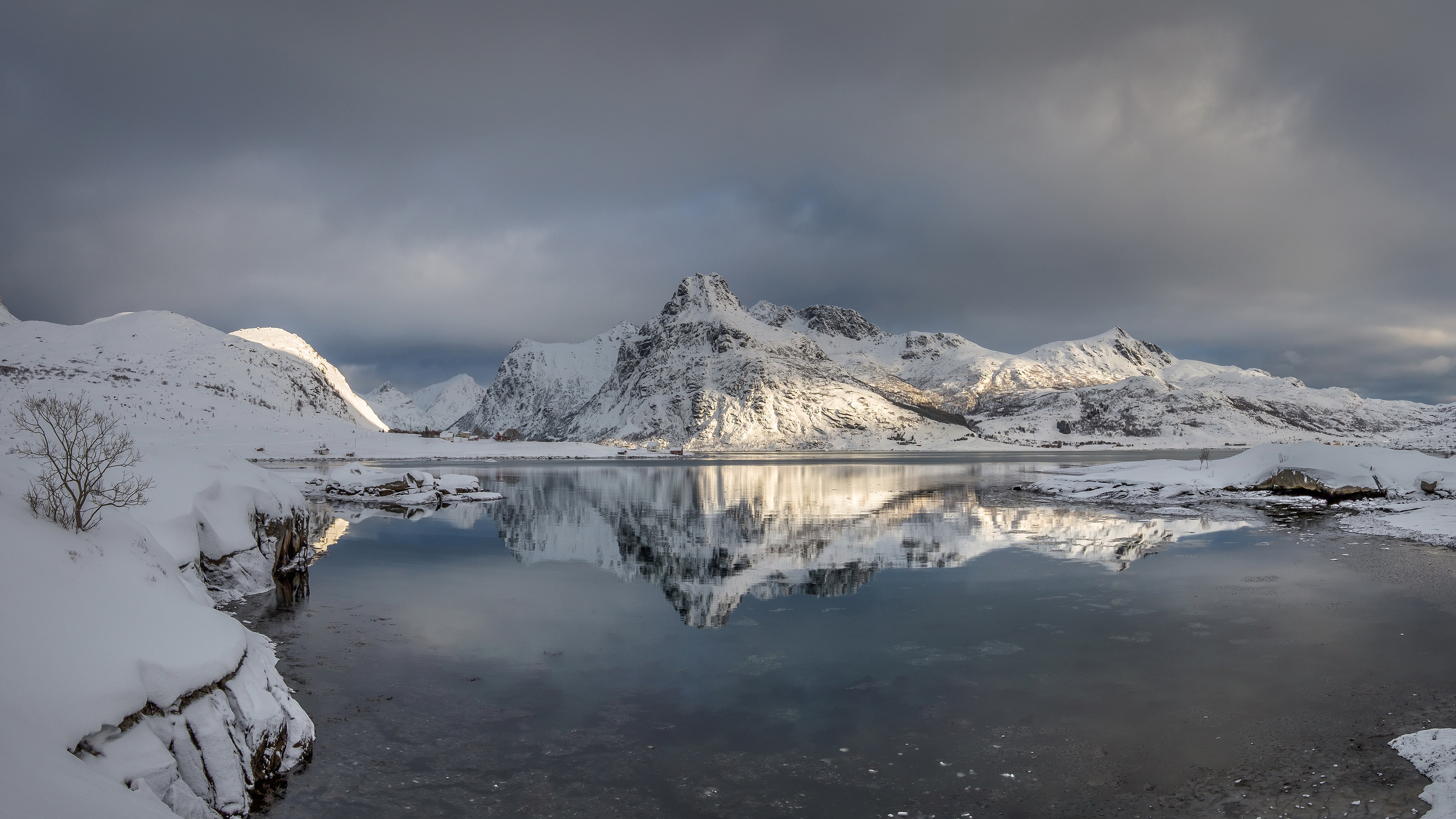 scenics - nature, Lofoten, 4K, snow, environment, outdoors, mountain range, reflection, reflection lake, winter, snowcapped mountain, tranquility, beauty in nature, HD Wallpaper
