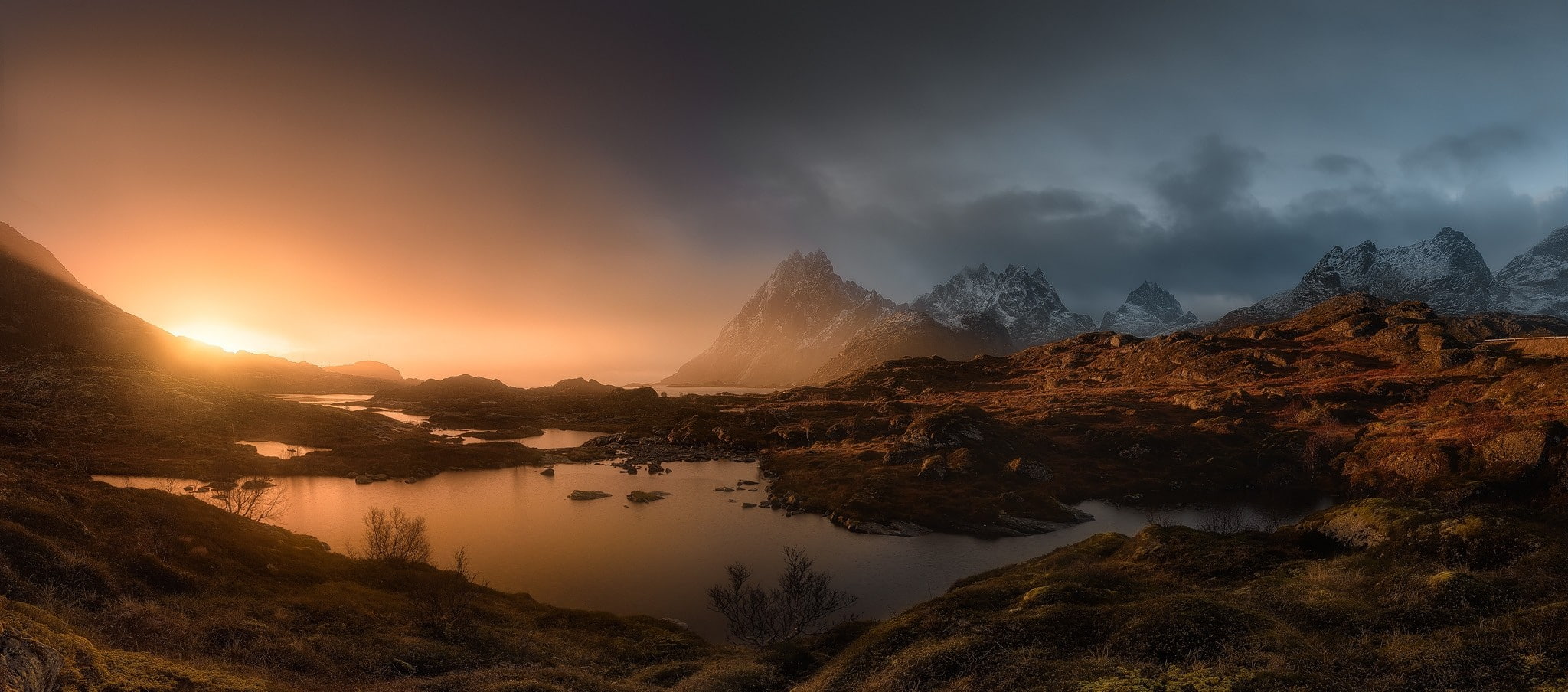 snowy peak, Norway, mountains, Lofoten Islands, 1080P, panoramas, clouds, pond, nature, shrubs, mist, landscape, HD Wallpaper