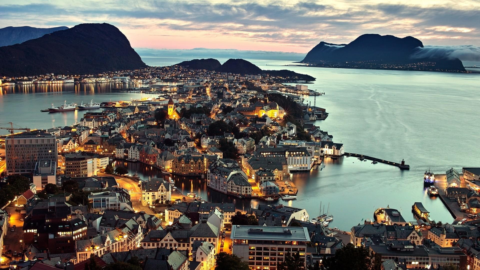 city, lights, Alesund, 1080P, sky, Norway, HD Wallpaper