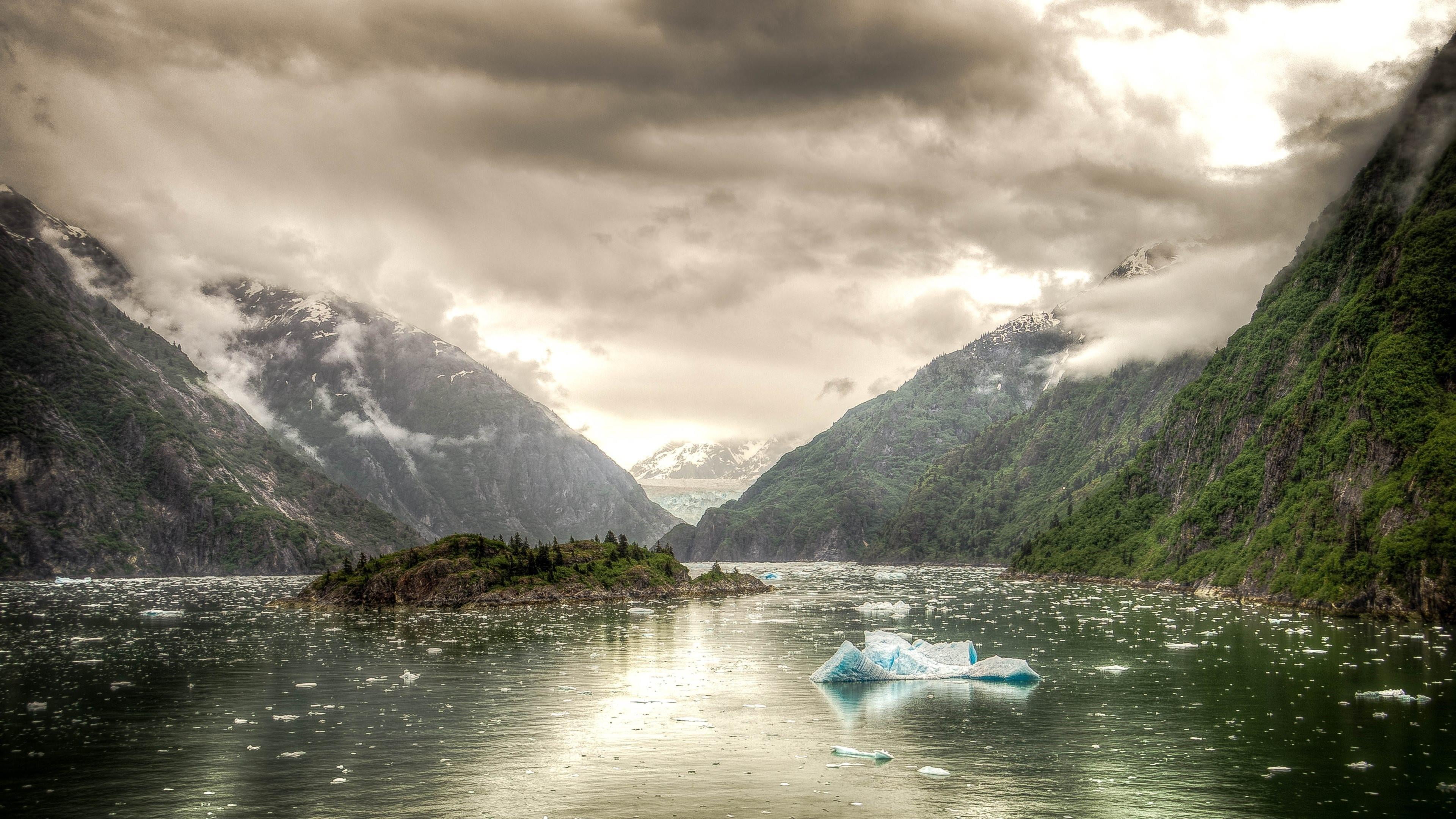 mountain range, ice, mountain, tracy arm, sky, nautical vessel, outdoors, alaska, scenics - nature, stunning, tranquil scene, lake, inflatable, clouds, HD Wallpaper