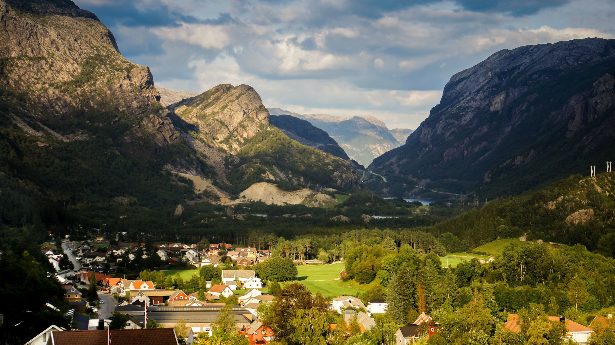 1080P, Norway, lake, trees, mountain, fjord, town, built structure, green, cloud - sky, tranquility, beauty in nature, sky, day, scenics - nature, mountain range, HD Wallpaper