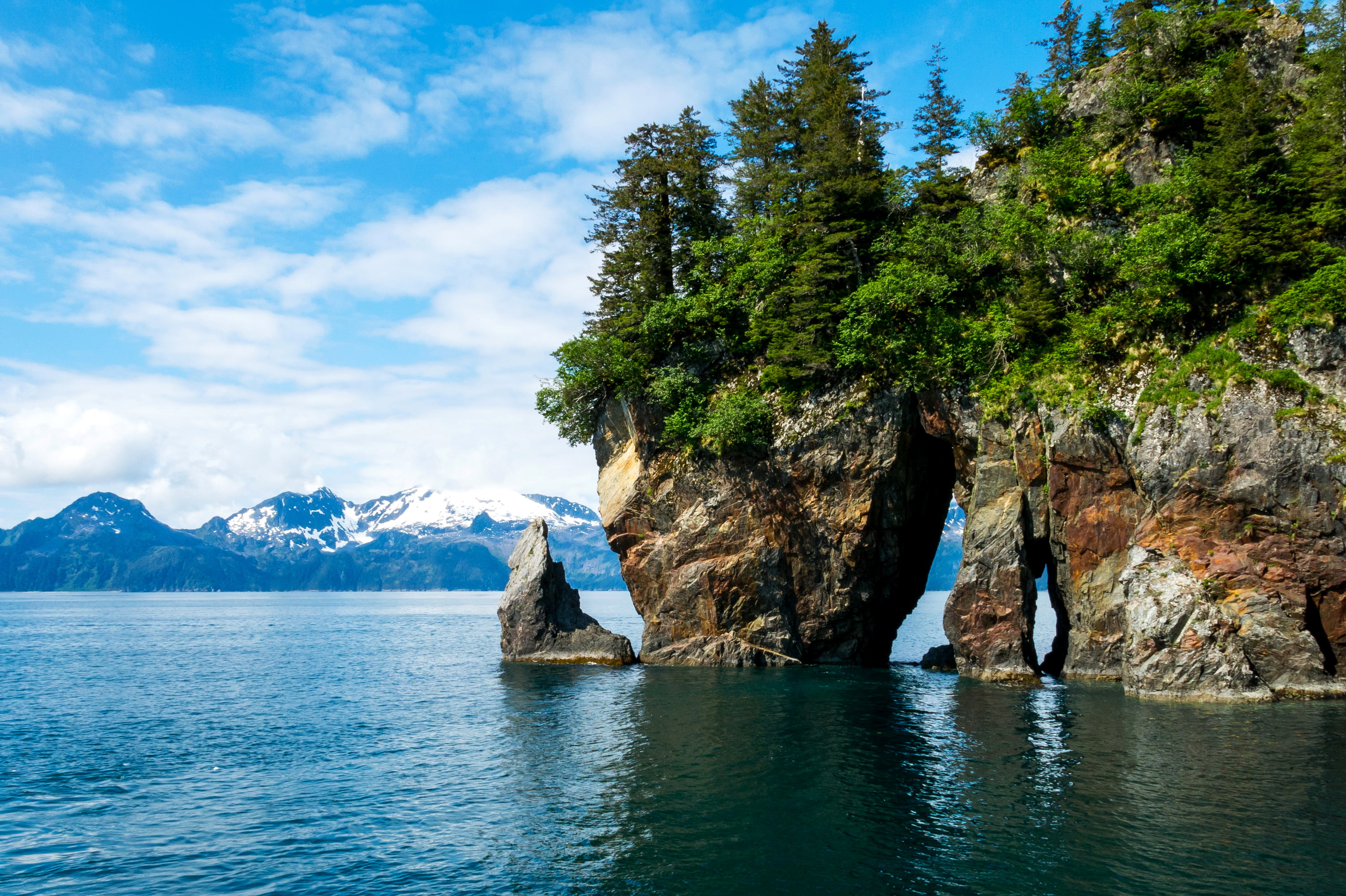 rock, Kenai Fjords, tranquil scene, nature, tree, fjords, Kenai Fjords National Park, day, outdoors, no people, idyllic, cloud - sky, plant, mountains, HD Wallpaper