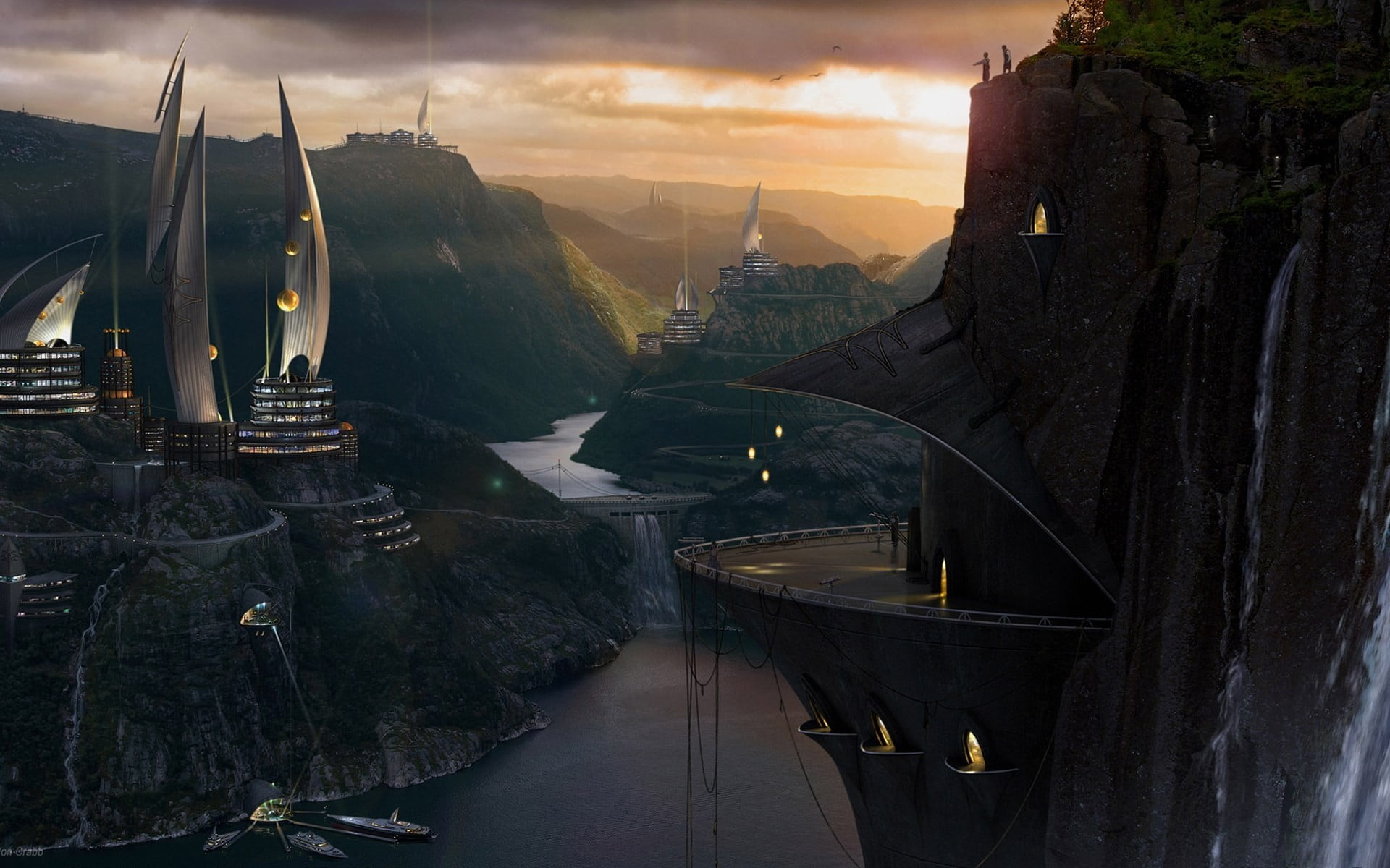 science fiction, game, fjord, architecture, built structure, connection, travel destinations, 1080P, cityscape, religion, tower, travel, bridge, digital, HD Wallpaper