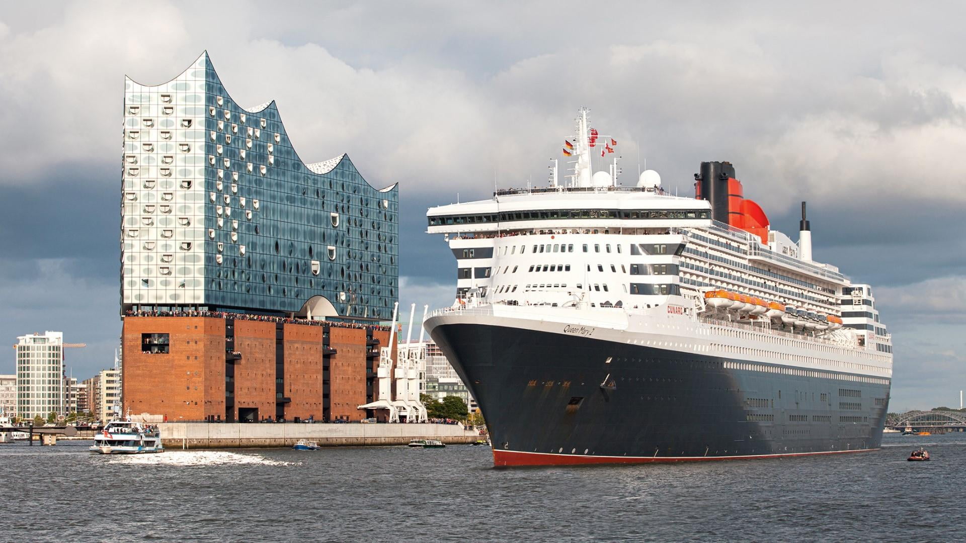 water, passenger craft, sky, queen mary 2, harbour, built structure, nautical vessel, elbphilharmonie, shipping, travelling, business, architecture, cruise ship, HD Wallpaper