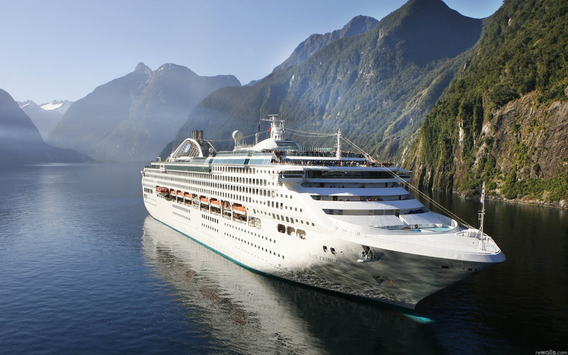 cruise ship, vehicle, mountains, ship, 1080P, landscape, HD Wallpaper