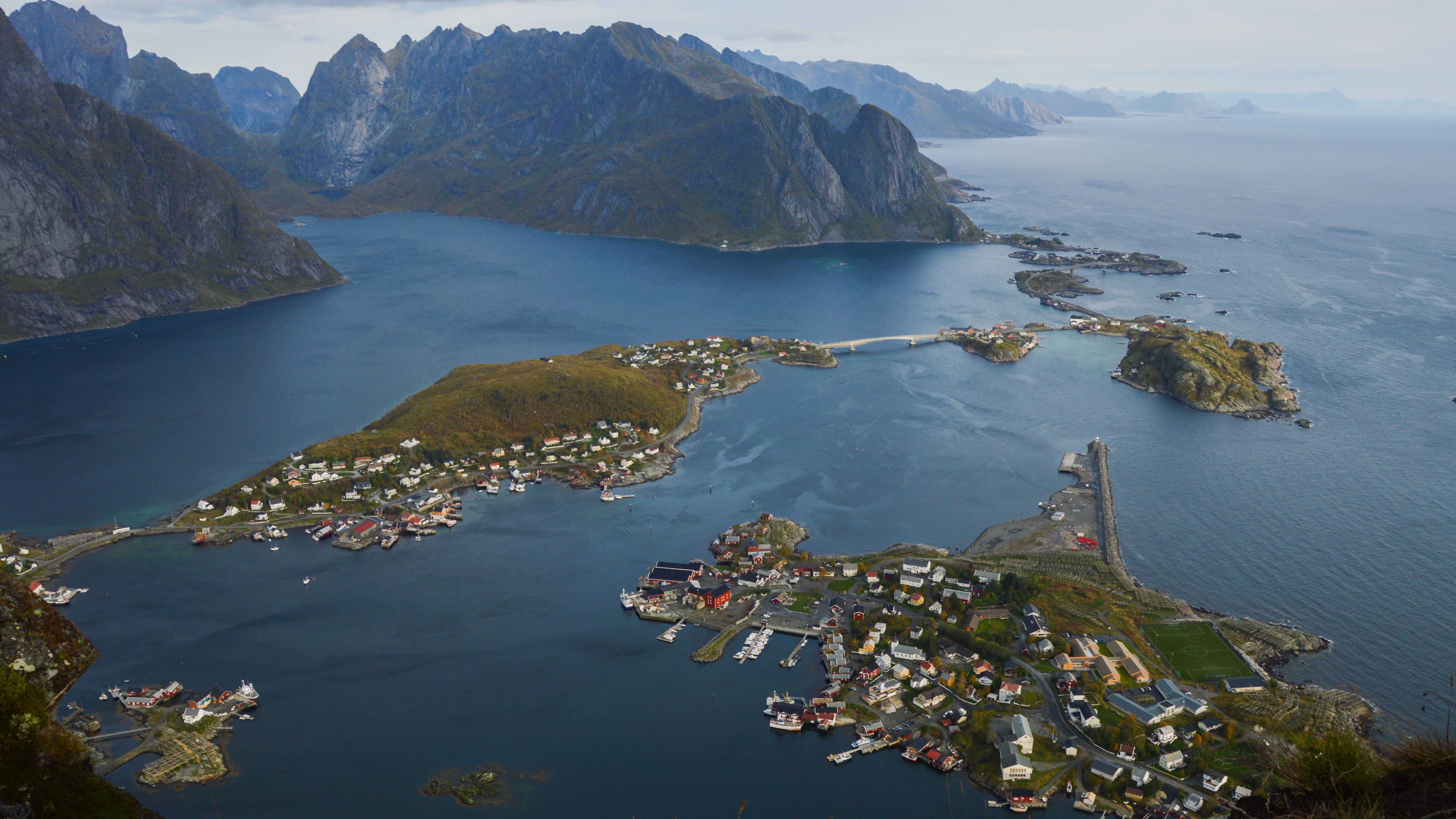 5K, tranquil scene, idyllic, mountains, nautical vessel, water, nature, ocean, scenics - nature, tranquility, aerial view, land, no people, reinebringen, HD Wallpaper