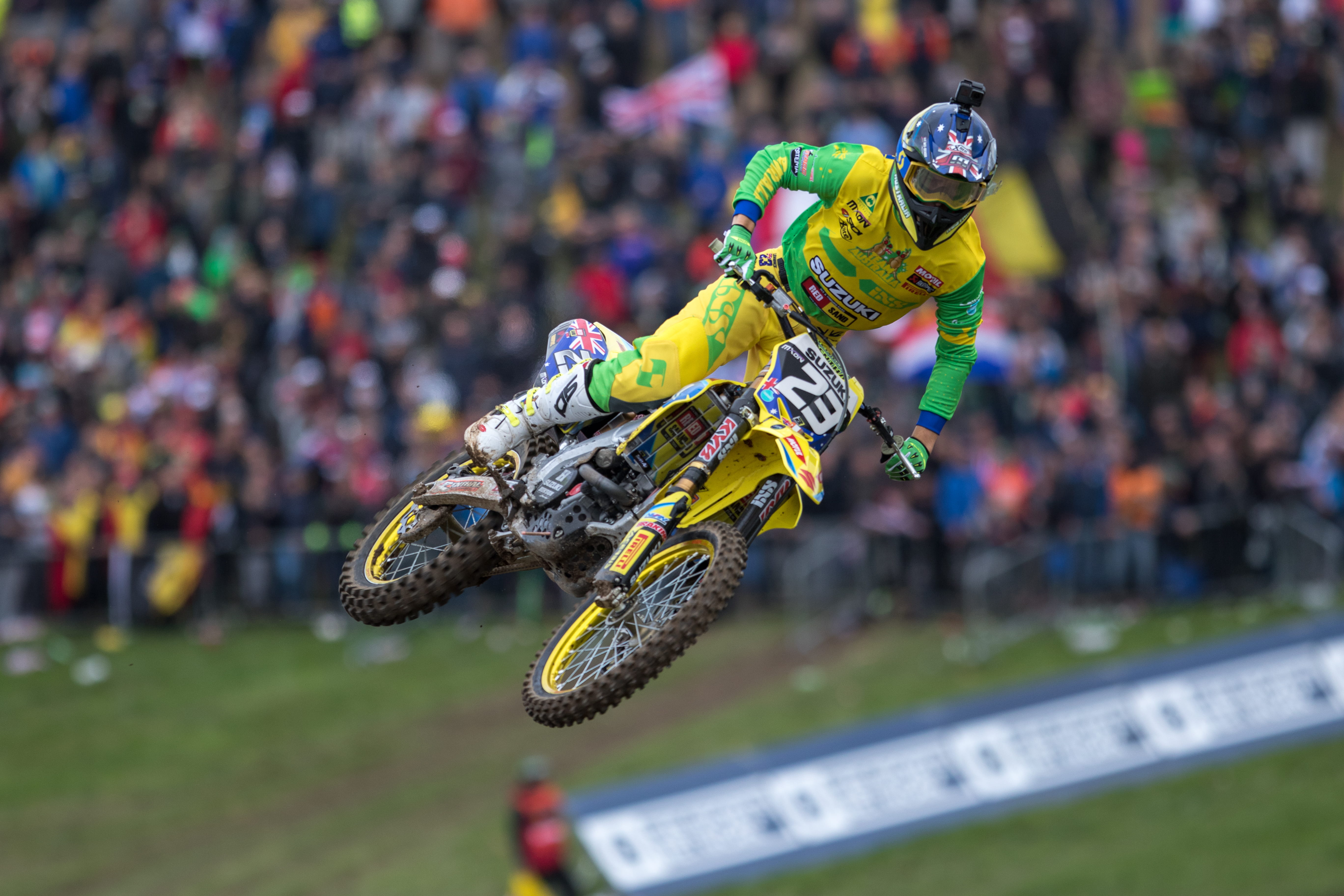 bike, mid, people, track and field, stadium, incidental people, race, suzuki, mid-air, man, effort, mxgp, nation, motocross, focus on foreground, riding, HD Wallpaper
