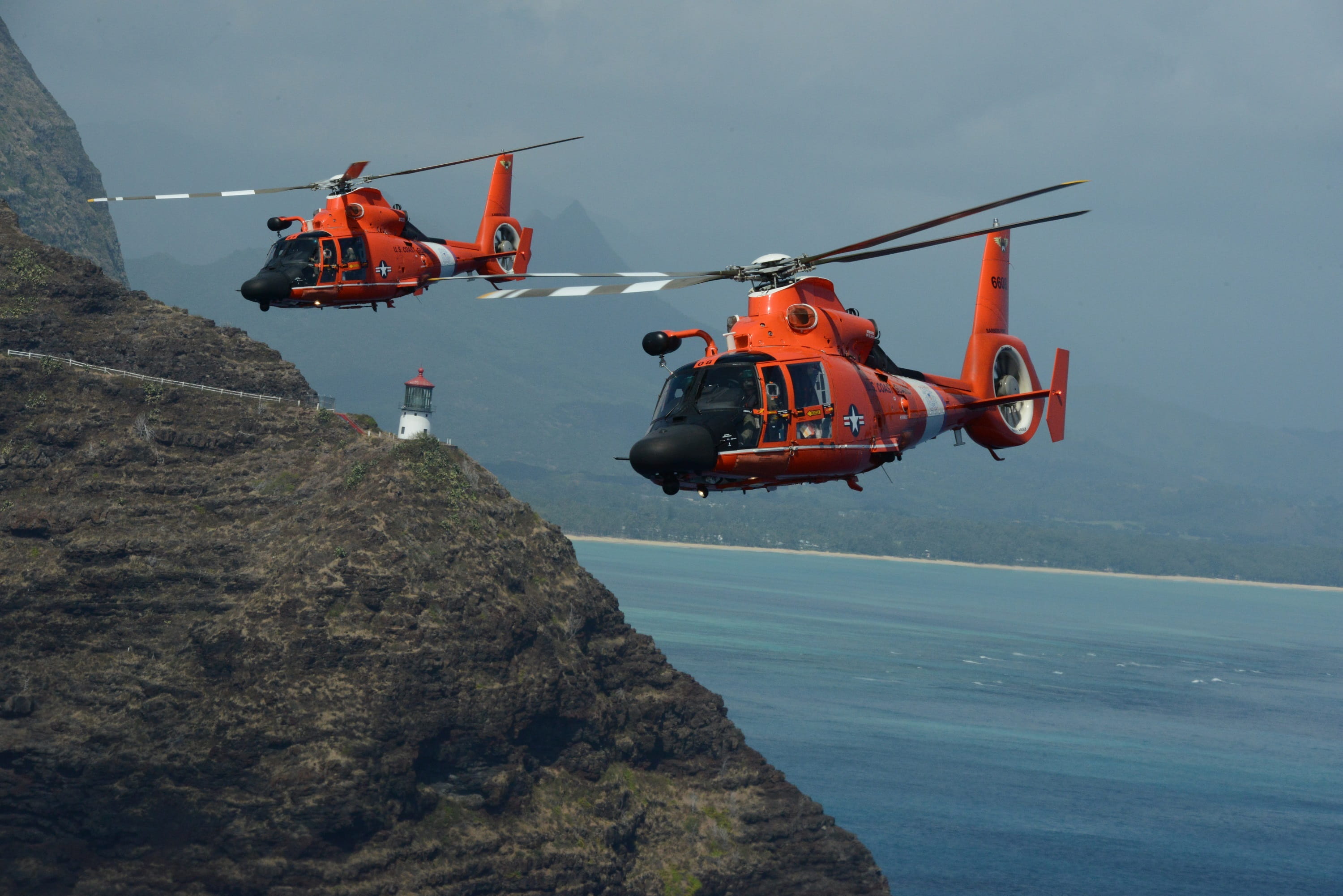 ocean, motion, dolphin, air station, rock - object, sea, military, helicopter, safety, copter, mh-65, rescue, usa, hc130, chopper, mid-air, air vehicle, HD Wallpaper
