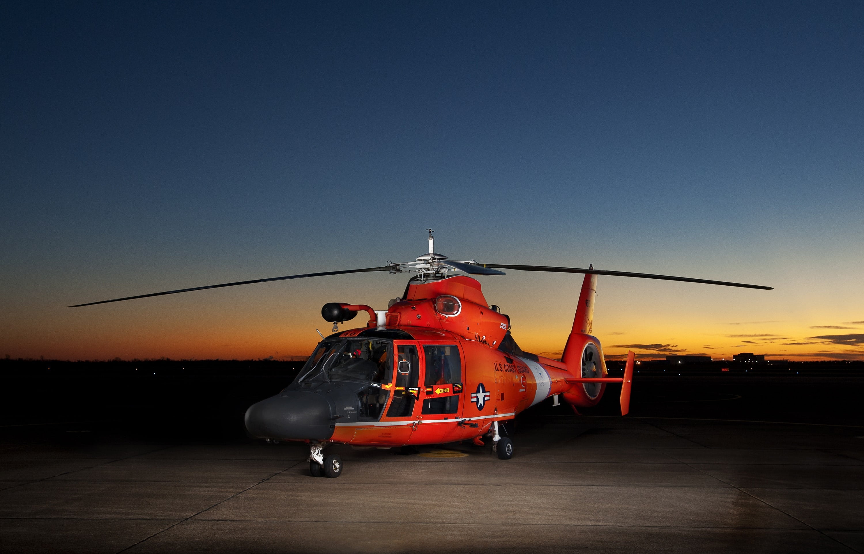 air vehicle, coast guard, sky, mission, single object, nature, usa, chopper, 2K, air force, evening, transportation, mh-65 dolphin, sunset, airport, aerospace industry, HD Wallpaper