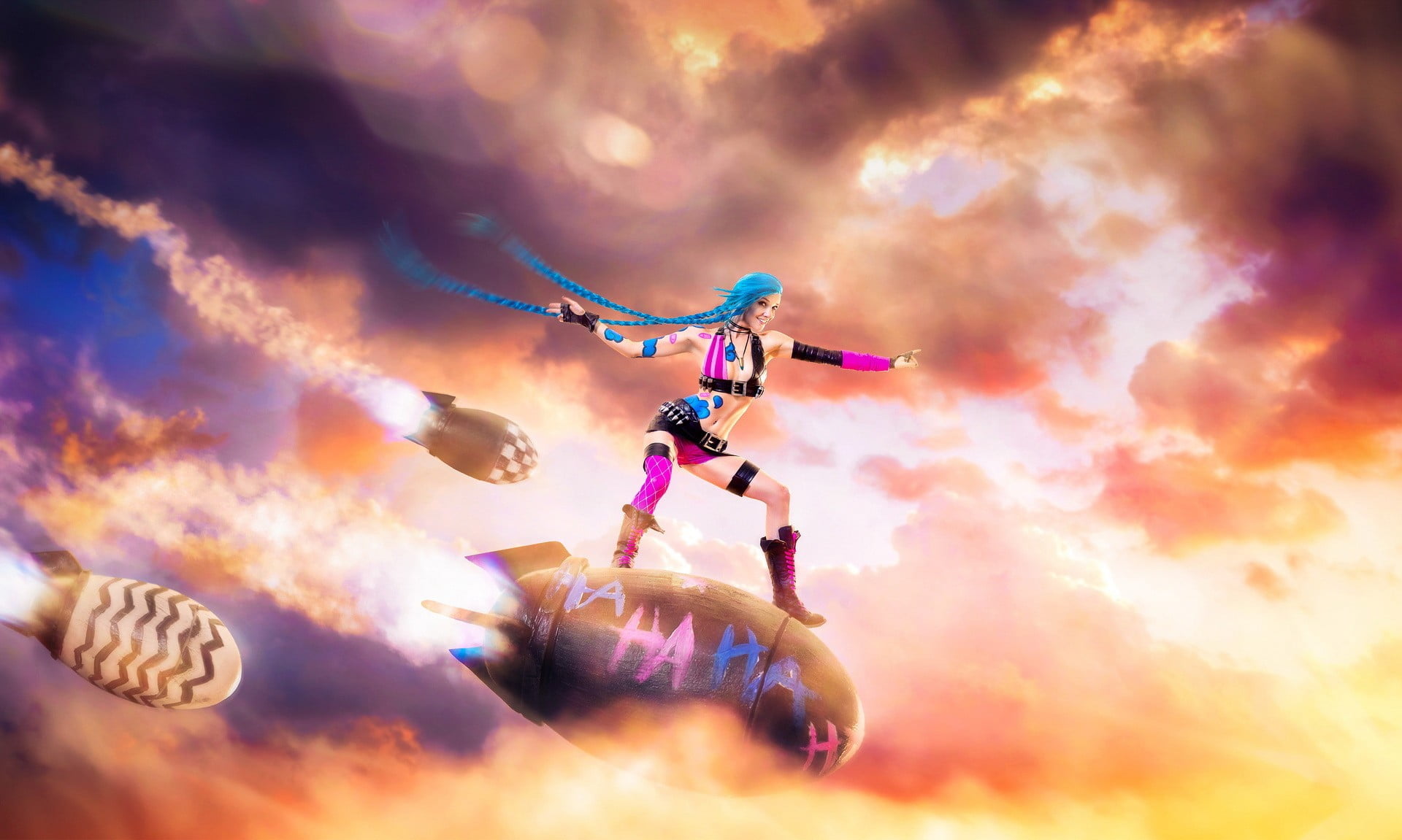 sky, multi colored, flying, sunset, mid-air, outdoors, adult, teamwork, beauty in nature, holding, togetherness, skydiving, Jinx (League of Legends), people, HD Wallpaper