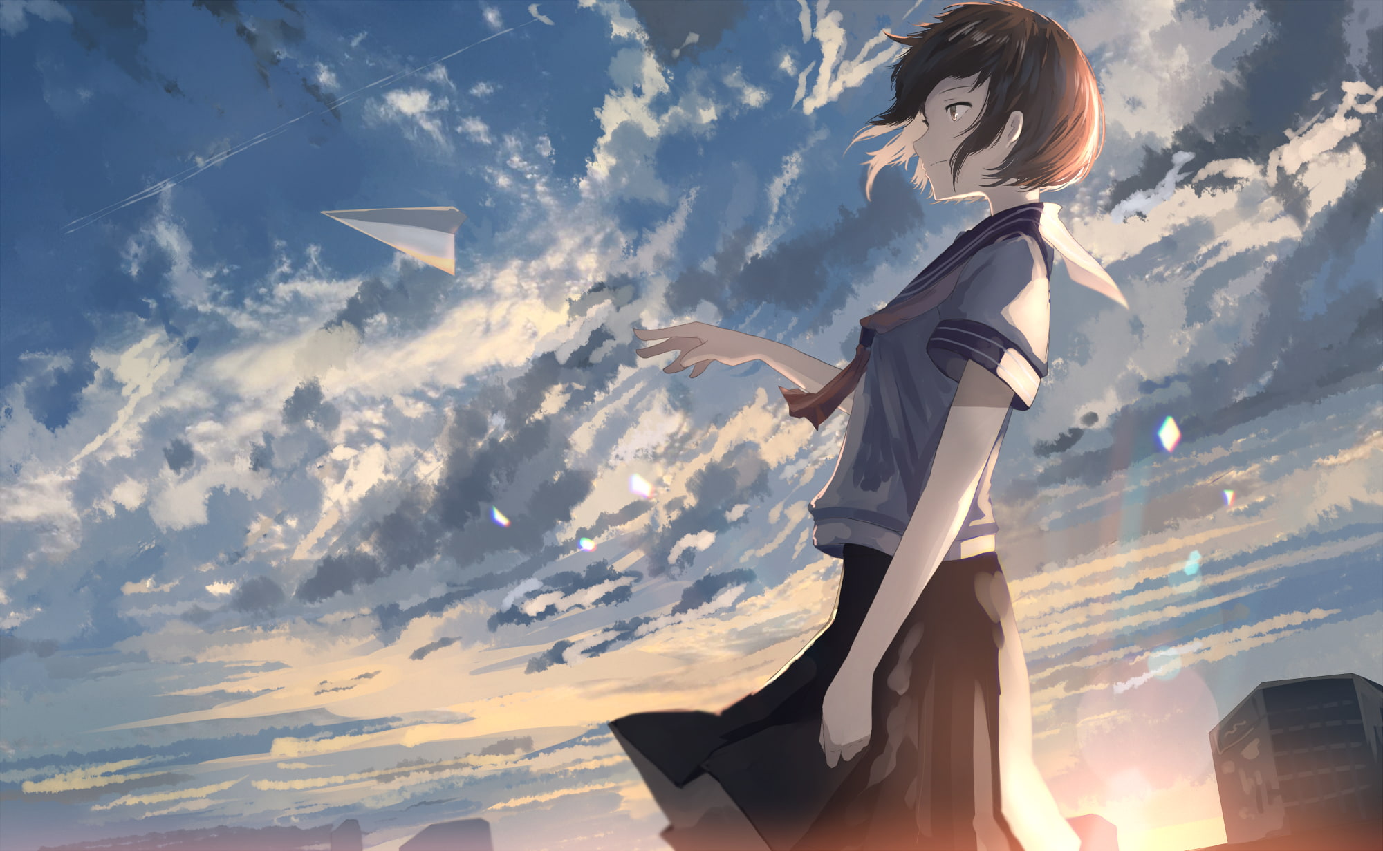 paper airplane, young adult, cloud - sky, bright, Anime, side view, three quarter length, young women, scenics - nature, beauty in nature, real people, HD Wallpaper