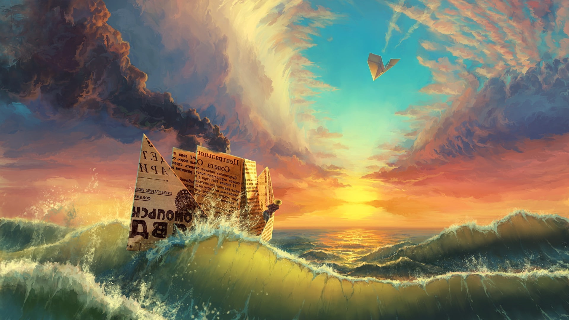 russian nature landscape ship water sea clouds digital art paper planes paper boats smoke waves sunset colorful paper contrails ussr airplane artwork, 1080P, HD Wallpaper