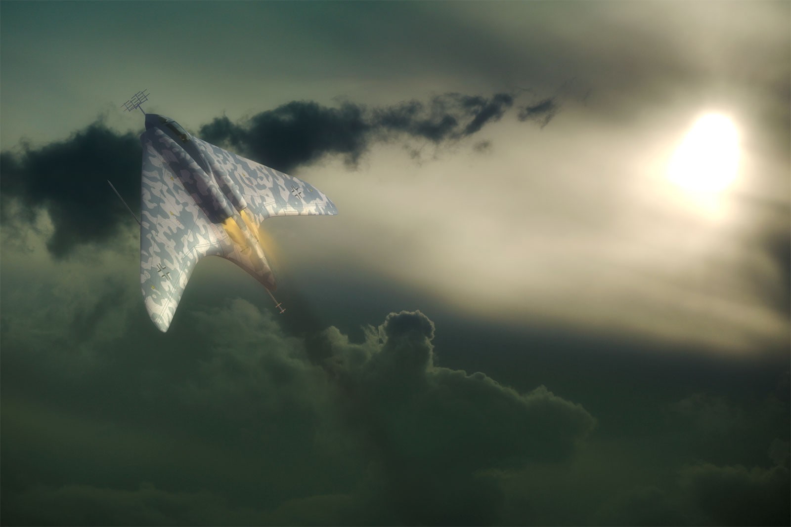 sea, sky, nature, night, sun, low angle view, scenics - nature, airplane, outdoors, Horten Ho 229, glowing, Luftwaffe, sunlight, motion, 720P, tranquility, HD Wallpaper
