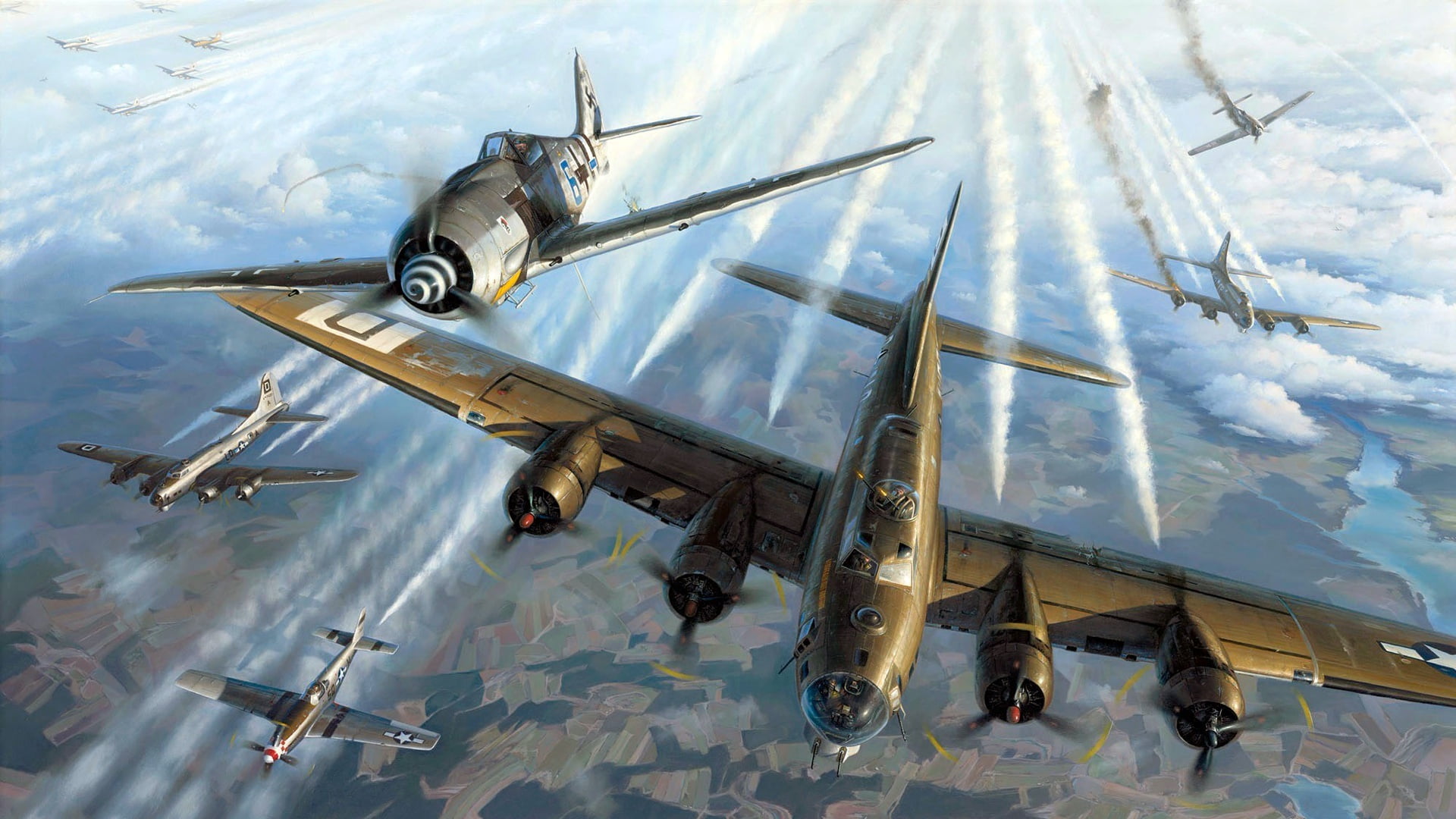 Focke-Wulf, B-17, single-engine piston fighter monoplane, Flying Fortress, Fw 190, Boeing, four-engine heavy bomber, 1080P, HD Wallpaper