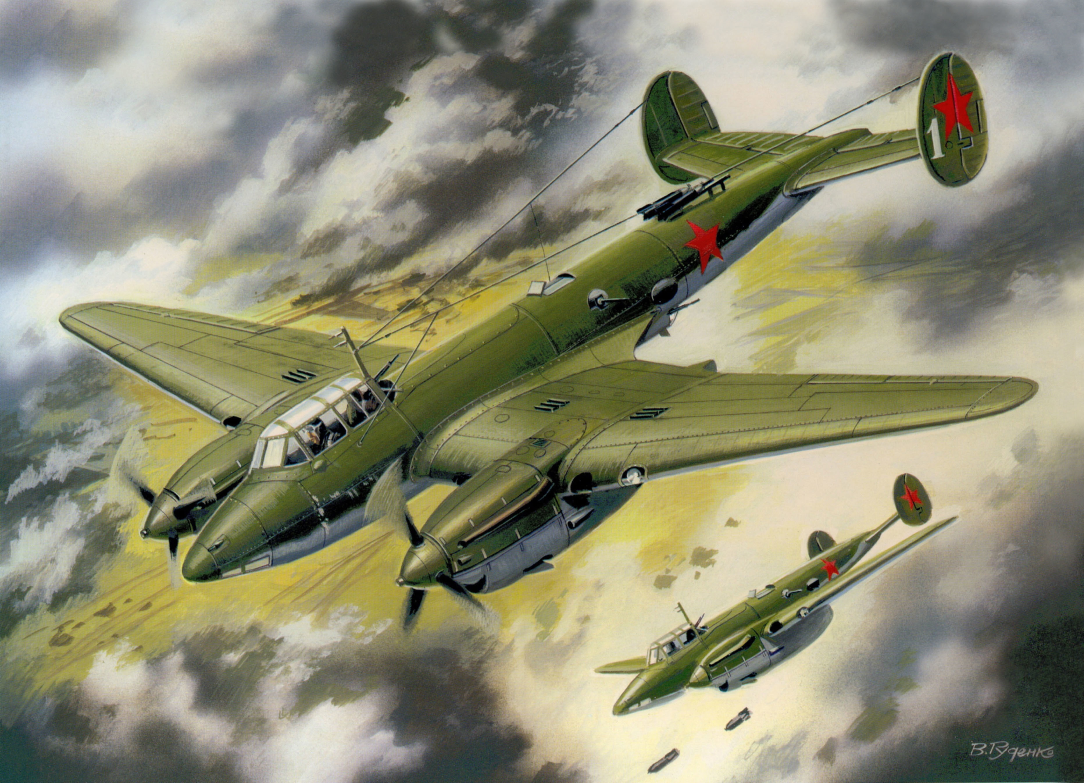 dive, WWII, green, bombers, Soviet, the sky, illustration, art, 2K, bombing, PE-2, monoplane, figure, HD Wallpaper
