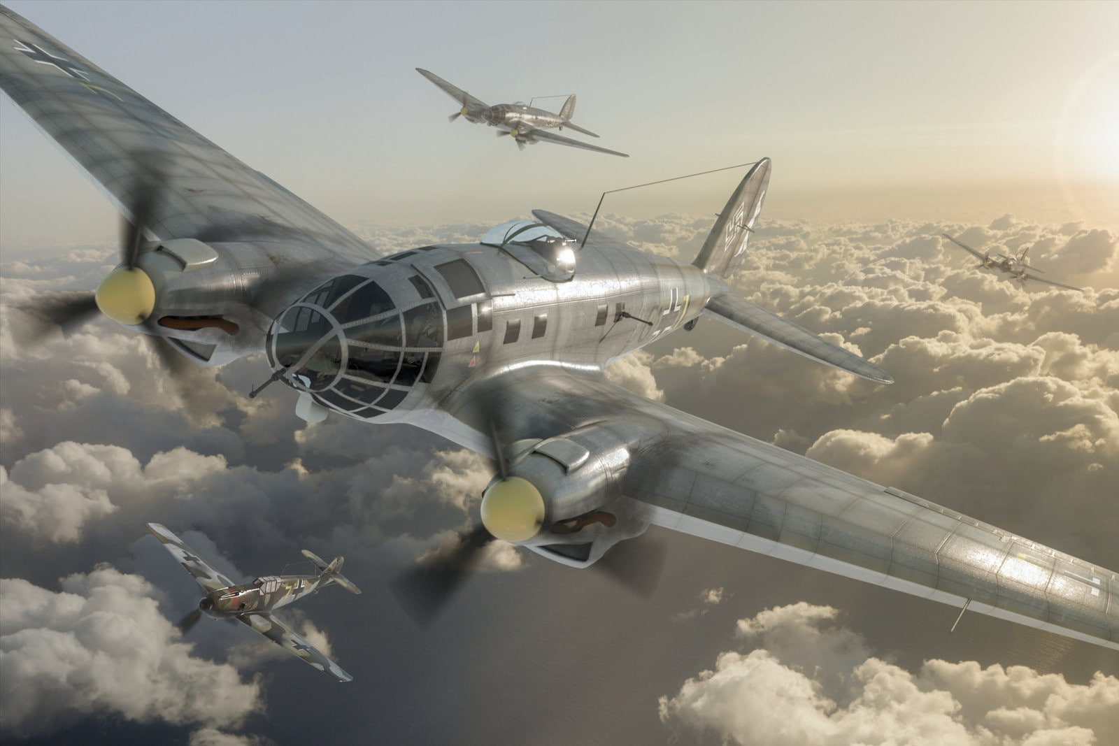 720P, Messerschmitt Bf 109, Bomber, Heinkel He 111, artwork, World War II, HD Wallpaper