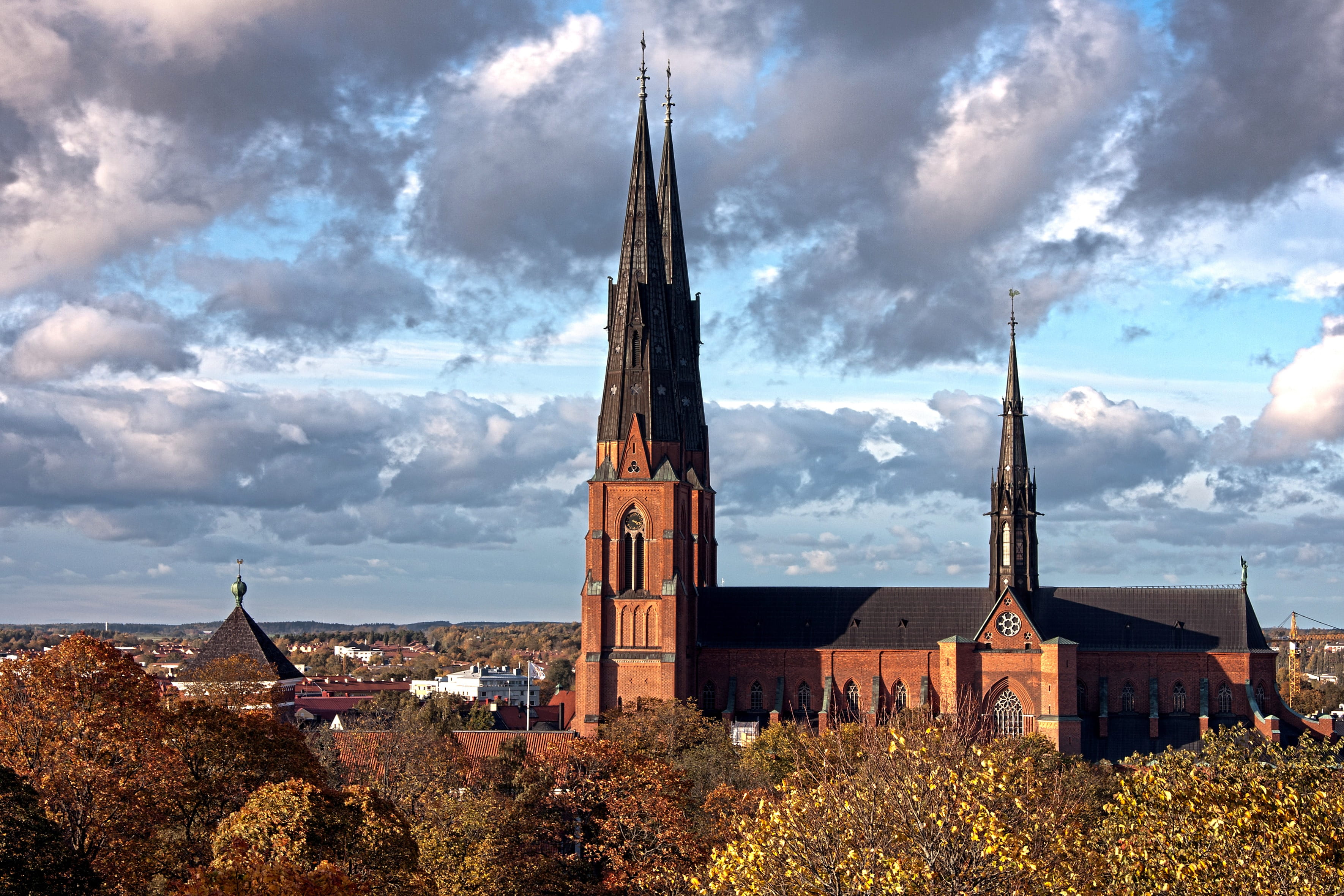 Landscape, building exterior, autumn, skyline, church, place of worship, outside, gray, steeple, 2K, trees, outdoors, architecture, brown, sky, tower, HD Wallpaper
