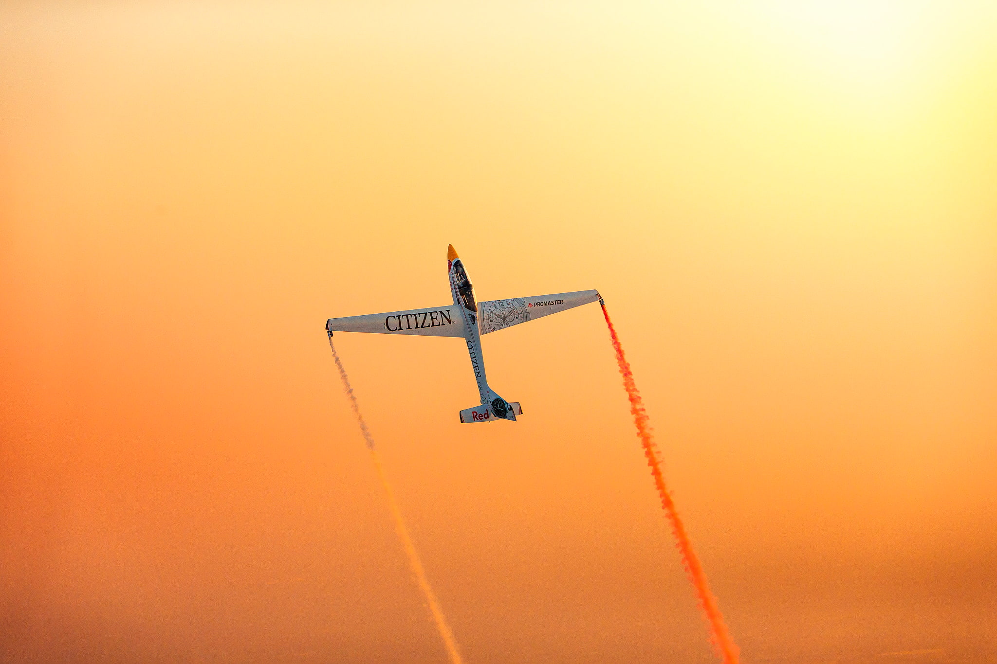 plane, flying, motion, colored smoke, beauty in nature, nature, low angle view, clear sky, mode of transportation, copy space, orange color, mid-air, journey, HD Wallpaper