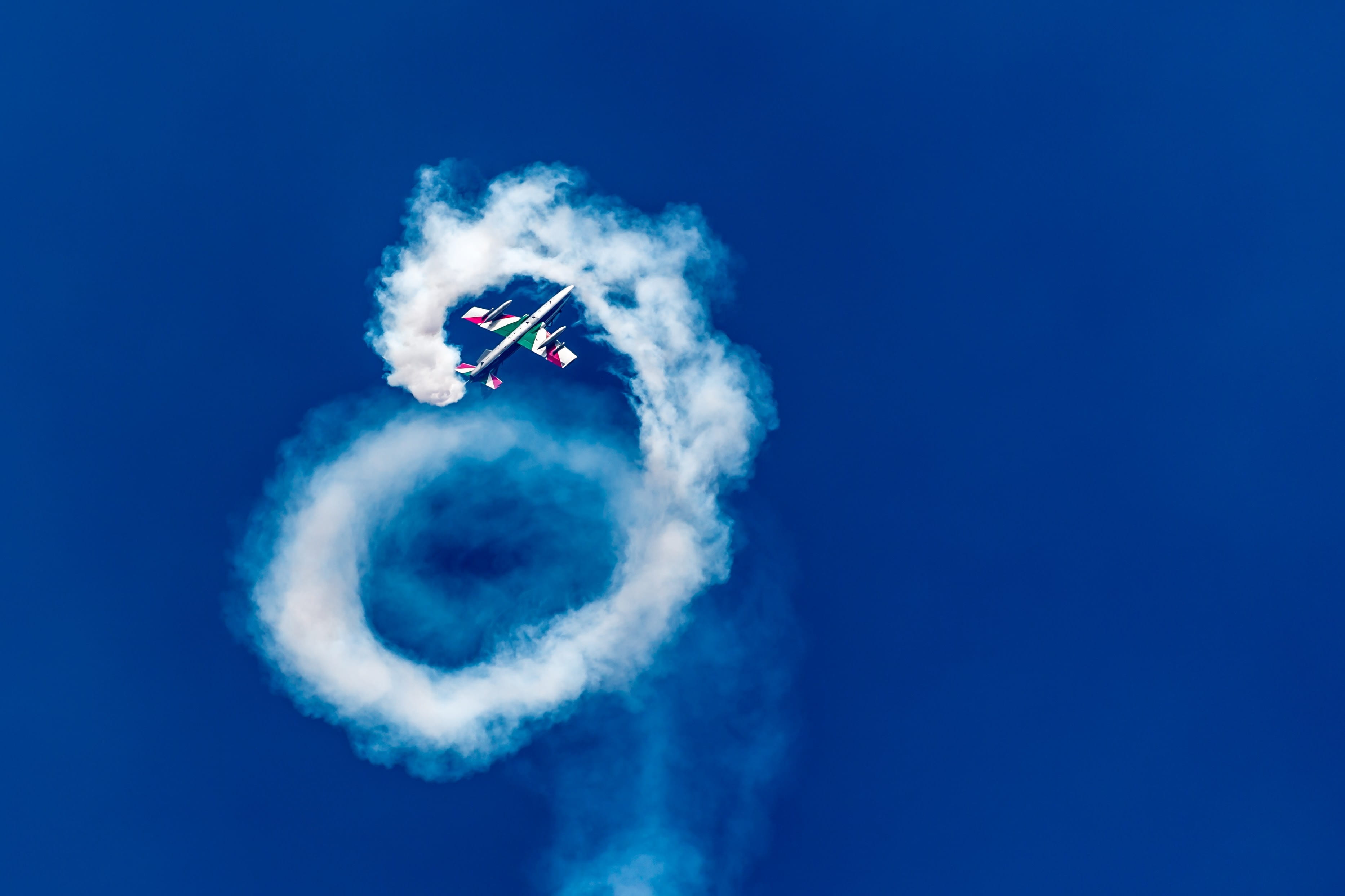 air vehicle, copy space, day, nature, smoke - physical structure, aerobatics, aermacchi, mb-339-a pan, outdoors, airplane, sky, technology, cloud - sky, HD Wallpaper