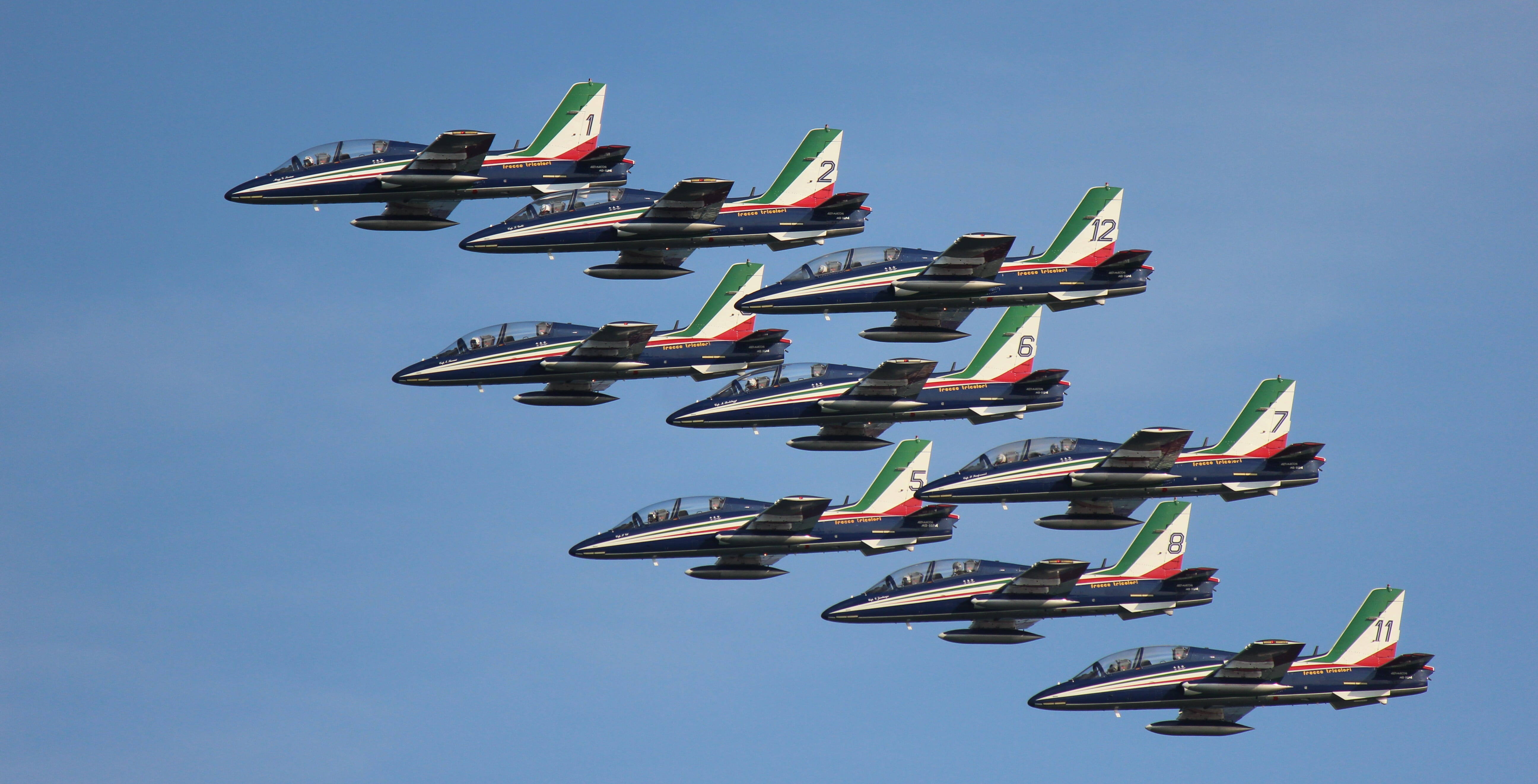 frecce tricolori, mode of transportation, nature, airshow, airplane, formation flying, flying, military, on the move, aerospace industry, transportation, HD Wallpaper