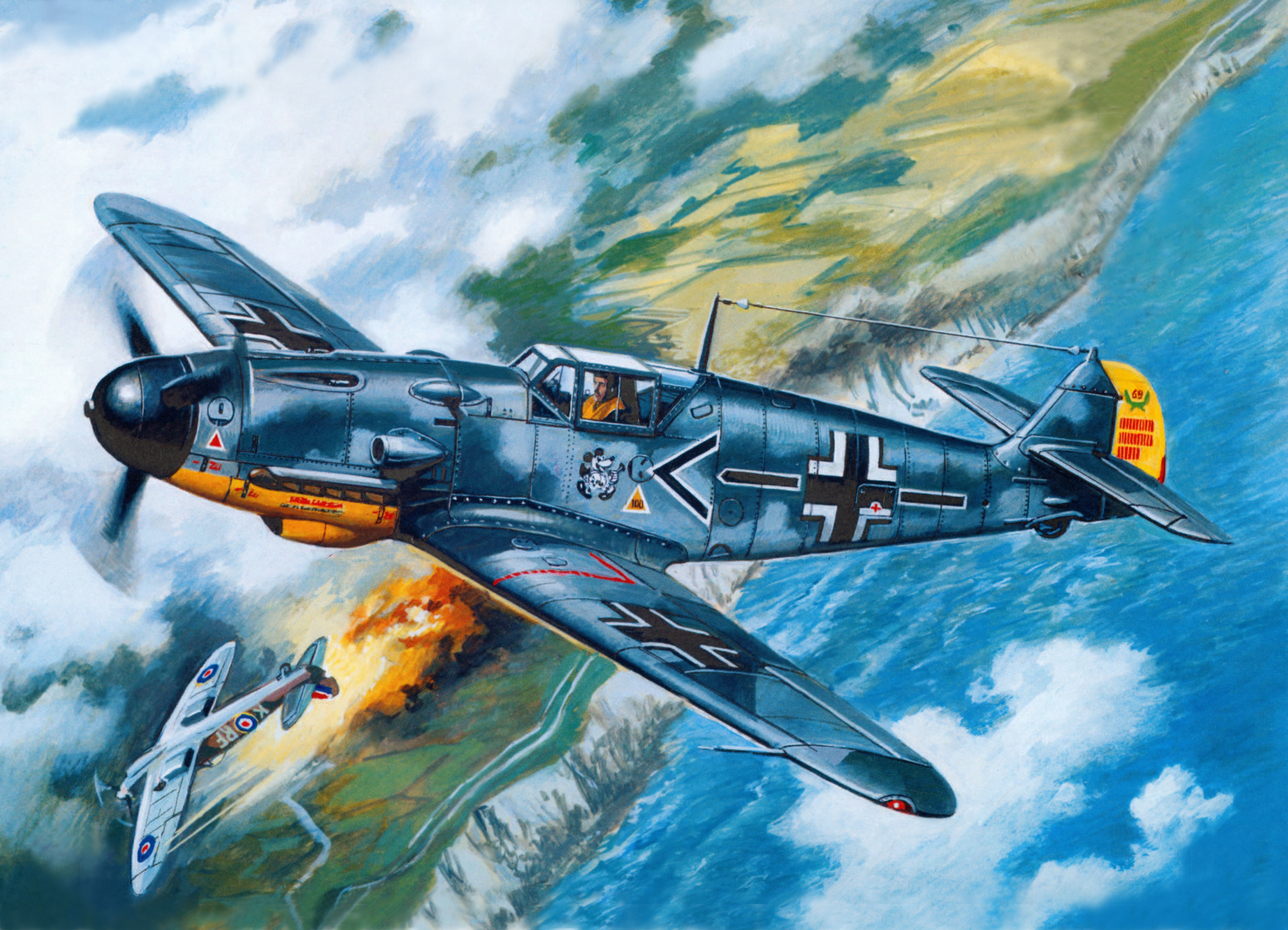 shore, ACCA, fighter, Supermarine Spitfire, the sky, blue, earth, 5K, figure, air, BF-109f-2/U2, aircraft, battle, WW2, single-engine, piston, German, HD Wallpaper