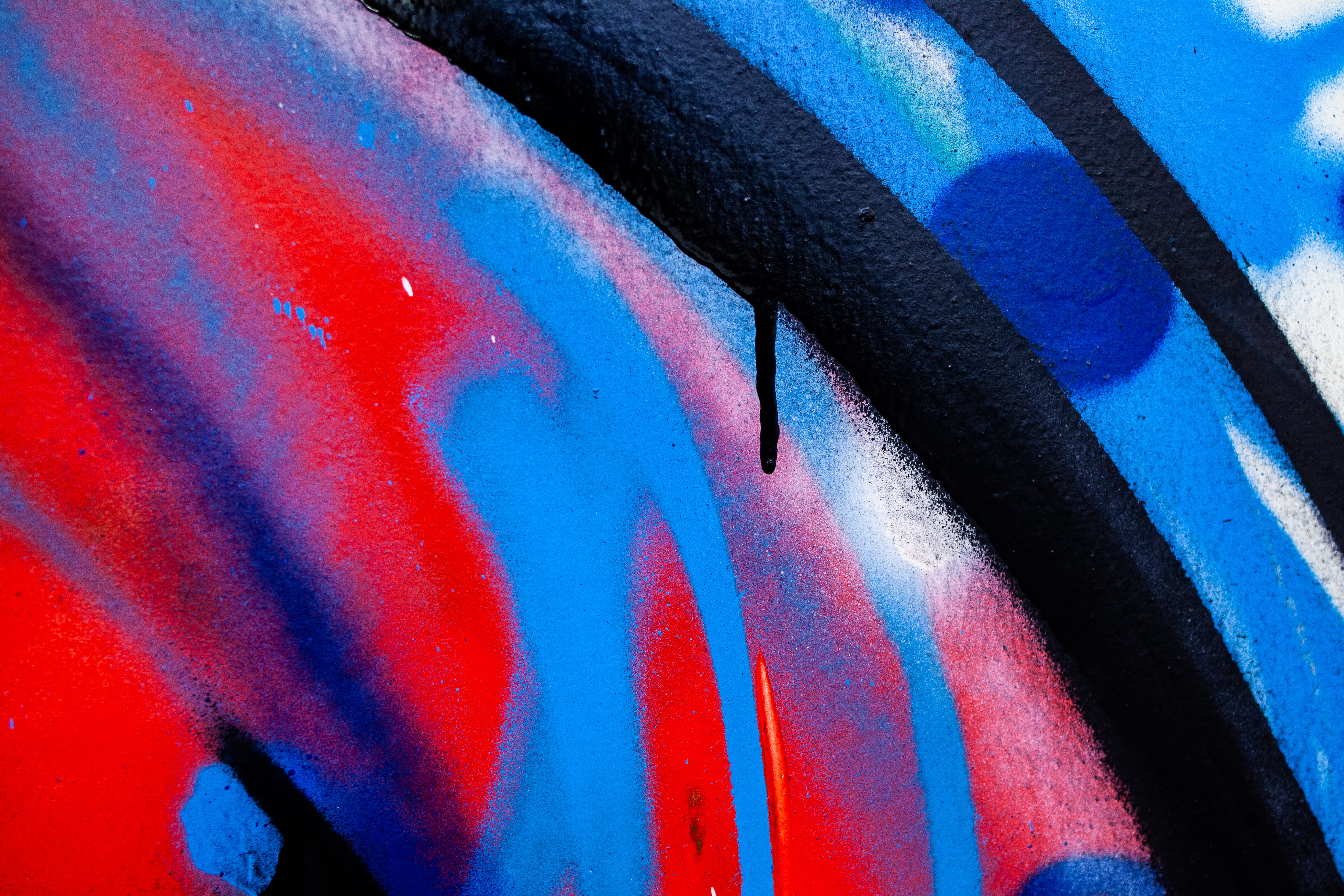 outdoors, wall - building feature, full frame, art, close-up, blue, vibrant color, spraypaint, day, black, abstract, asphalt, 5K, striped, creativity, HD Wallpaper
