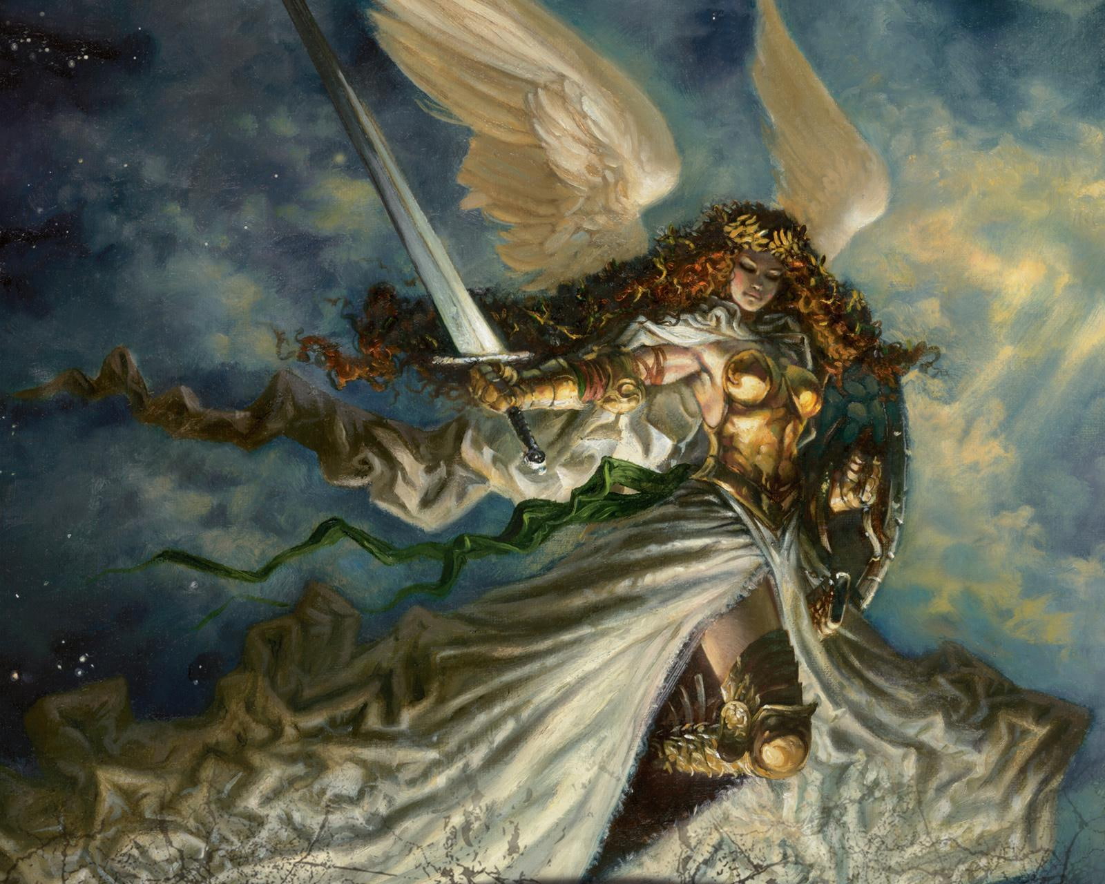 girls, armor, angels, painting, fantasy, sword, weapon, angel, pictures, 720P, swords, HD Wallpaper