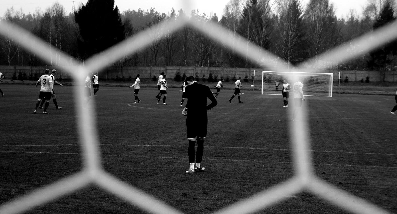 fence, soccer, leisure activity, standing, black and-white, trees, team sport, soccer field, conifers, outfit, nature, team, black And White, playing, group of people, HD Wallpaper