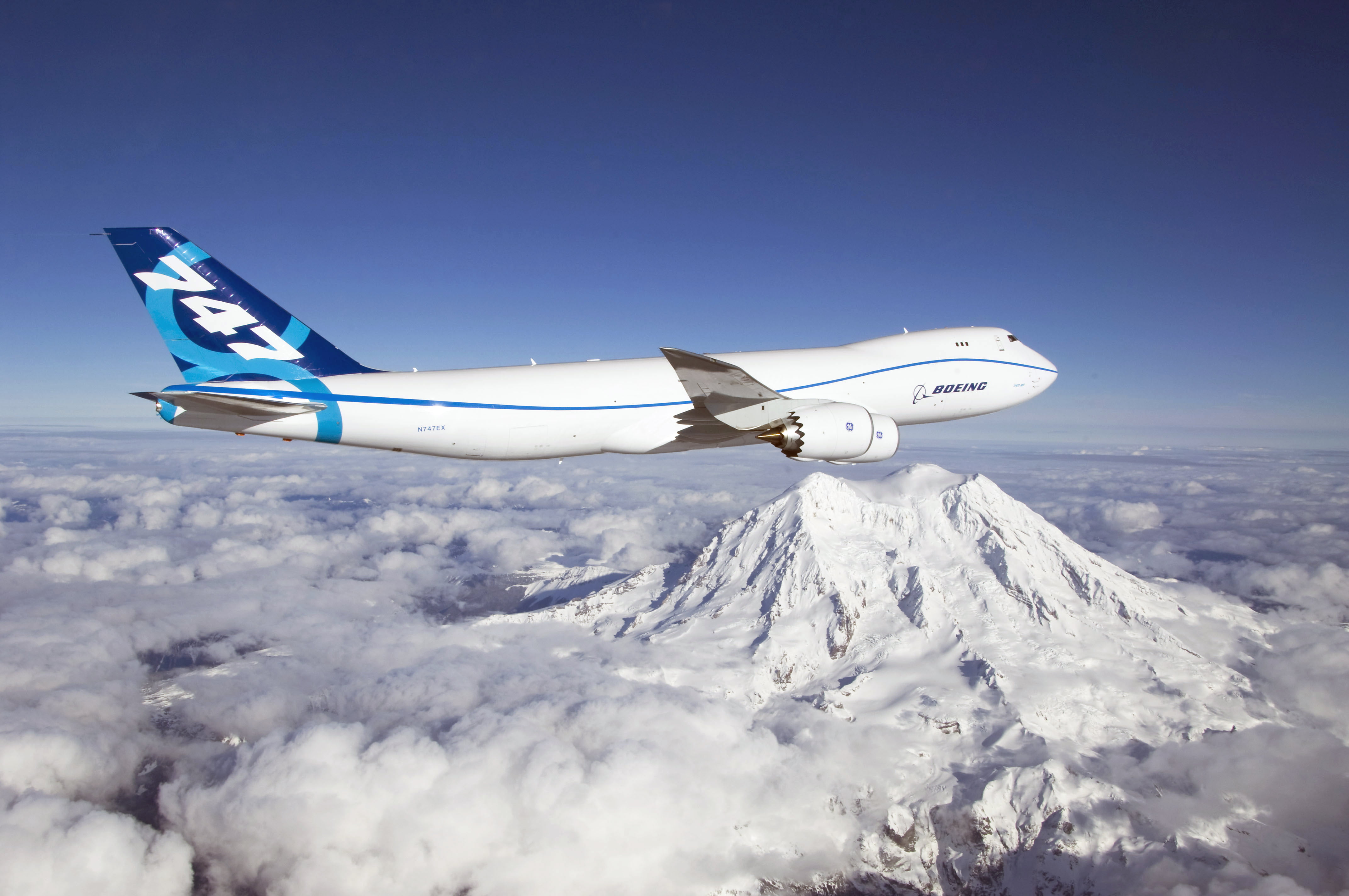 no people, First Flight, mid-air, snowcapped mountain, daytime, flying, airplane, white, Boeing 747-8 Freighter, travel, New series, plane, mountain, mountain peak, HD Wallpaper