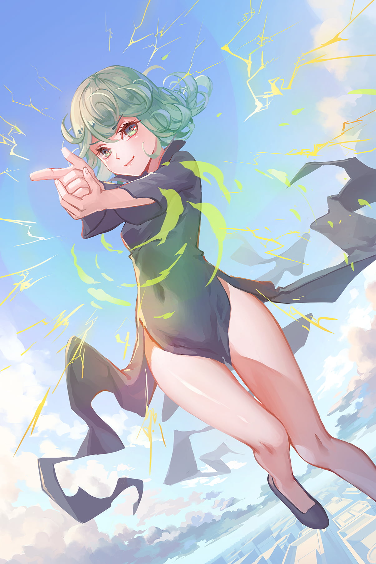 dress, 2D, smiling, fan art, looking at viewer, sky, flying, anime girls, clouds, illustration, anime, digital art, vertical, 720P, black dress, artwork, Phone HD Wallpaper